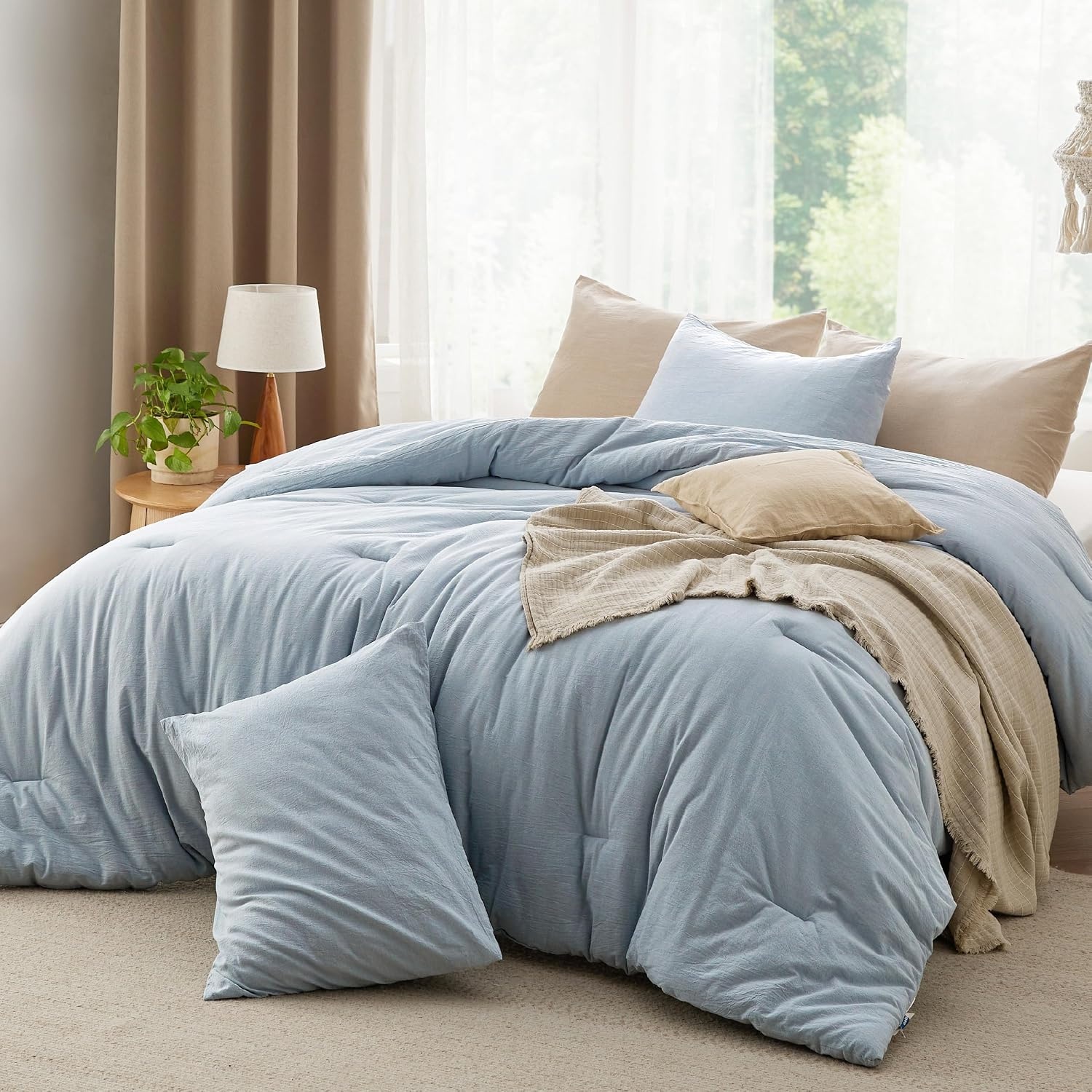 image:imageBedsure PureWoven Cotton Comforter Set Prewashed Queen Grayish Olive Green Cotton Fabric Microfiber Inner Fill Soft Breathable Natural Wrinkle 1 Comforter90 X 90 2 Pillow Shams20x2609 Mineral Blue