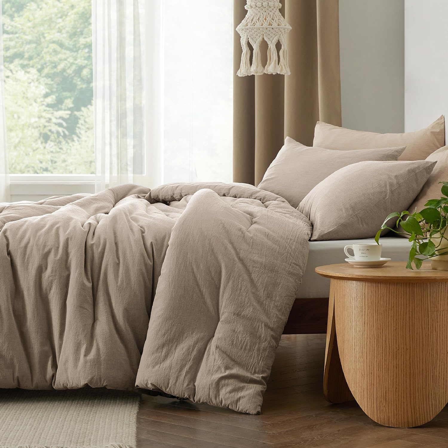 image:imageBedsure PureWoven Cotton Comforter Set Prewashed Queen Grayish Olive Green Cotton Fabric Microfiber Inner Fill Soft Breathable Natural Wrinkle 1 Comforter90 X 90 2 Pillow Shams20x2607 Taupe