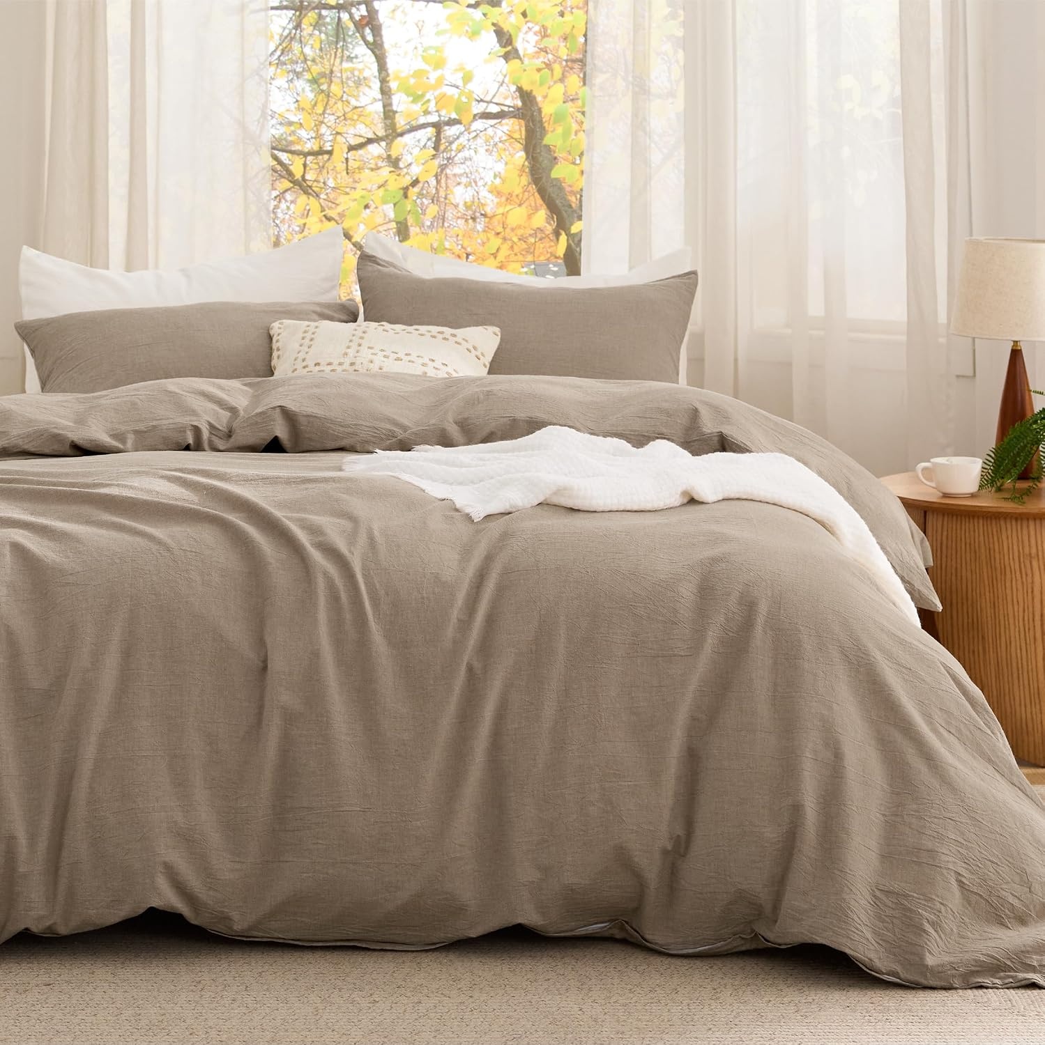 image:imageBedsure PureWoven Cotton Comforter Set Prewashed Queen Grayish Olive Green Cotton Fabric Microfiber Inner Fill Soft Breathable Natural Wrinkle 1 Comforter90 X 90 2 Pillow Shams20x2607 Taupe