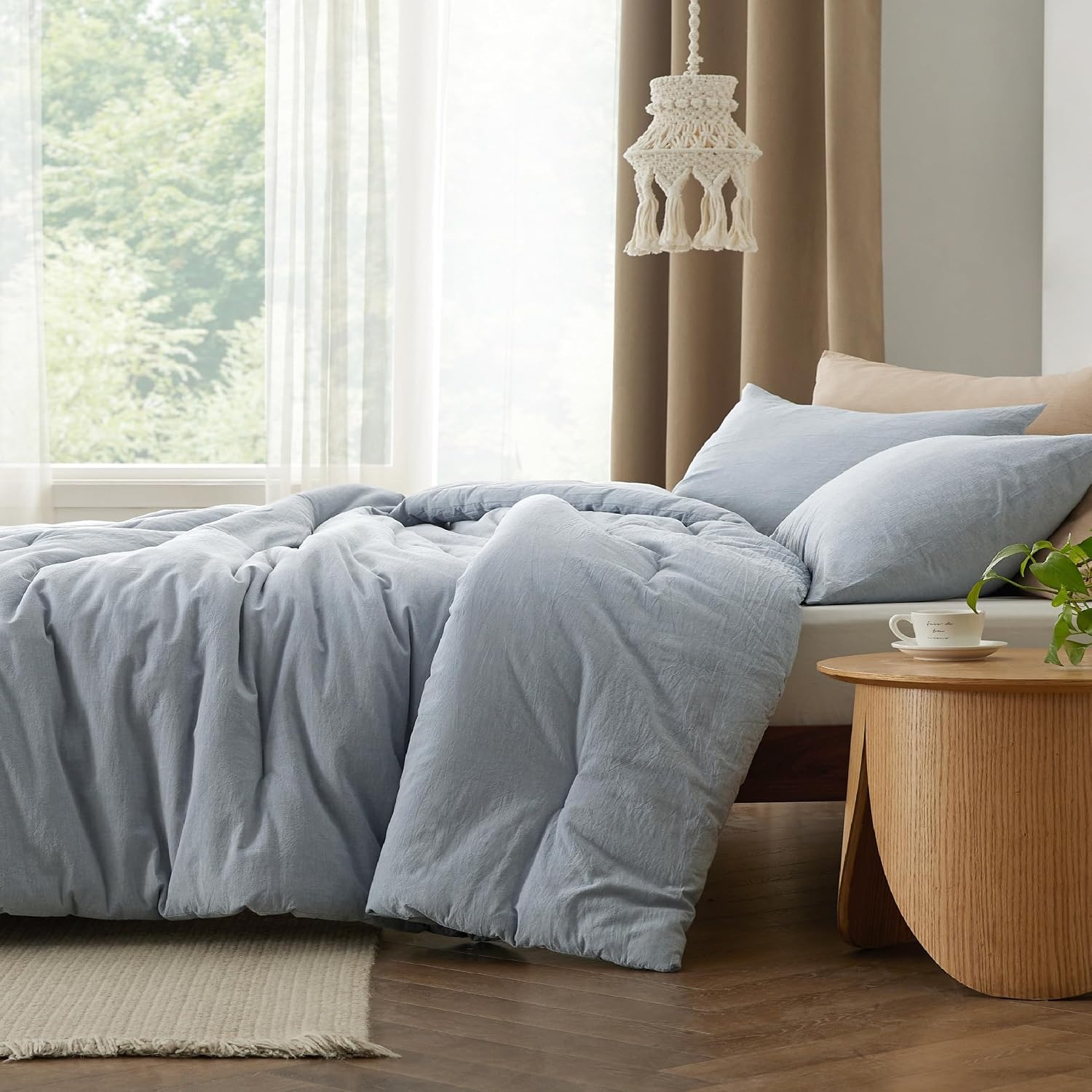 image:imageBedsure PureWoven Cotton Comforter Set Prewashed Queen Grayish Olive Green Cotton Fabric Microfiber Inner Fill Soft Breathable Natural Wrinkle 1 Comforter90 X 90 2 Pillow Shams20x2609 Mineral Blue