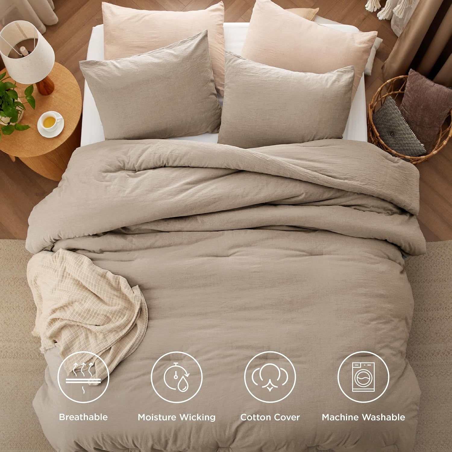 image:imageBedsure PureWoven Cotton Comforter Set Prewashed Queen Grayish Olive Green Cotton Fabric Microfiber Inner Fill Soft Breathable Natural Wrinkle 1 Comforter90 X 90 2 Pillow Shams20x2607 Taupe
