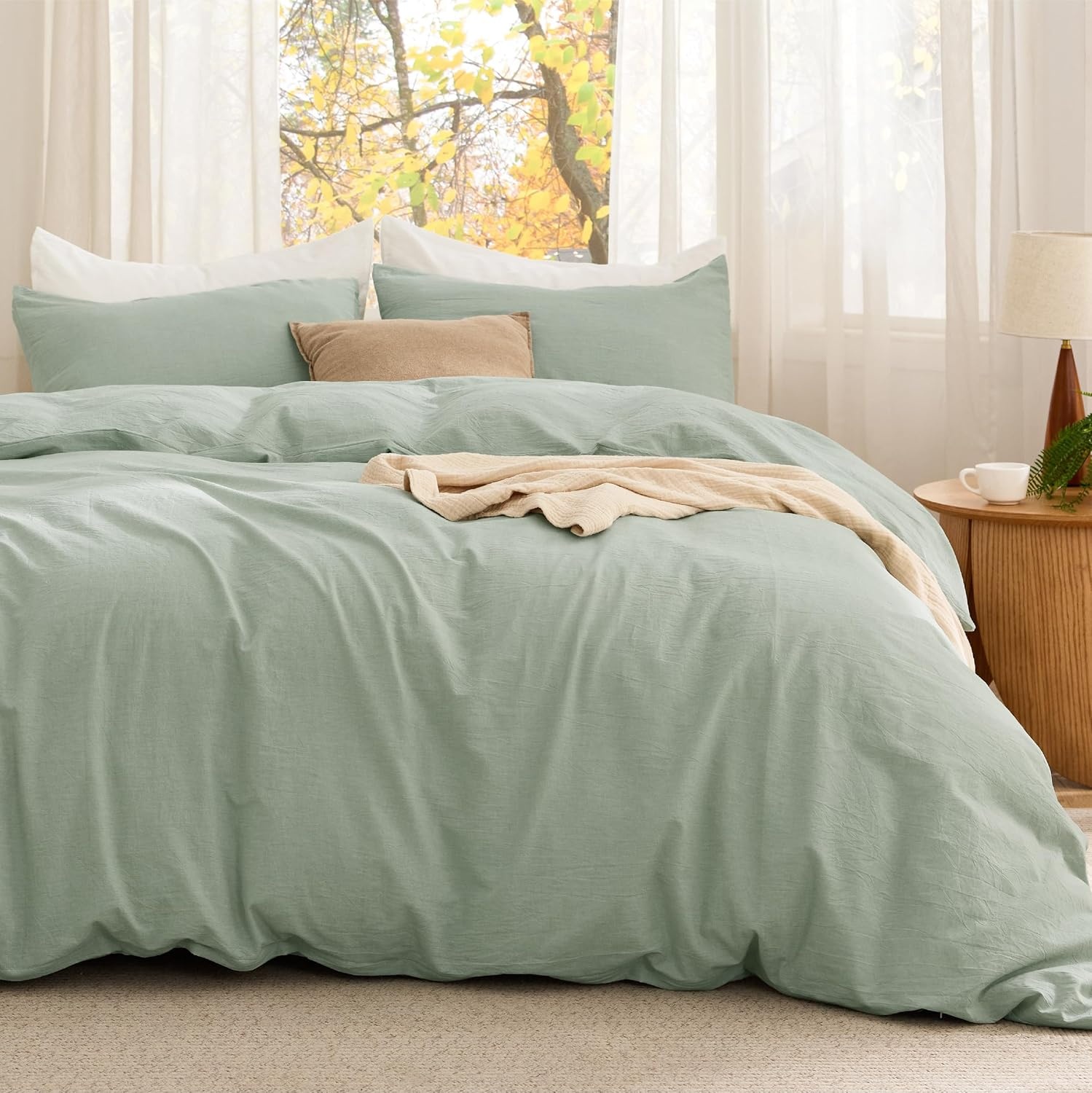 image:imageBedsure PureWoven Cotton Comforter Set Prewashed Queen Grayish Olive Green Cotton Fabric Microfiber Inner Fill Soft Breathable Natural Wrinkle 1 Comforter90 X 90 2 Pillow Shams20x2611 Sage Green