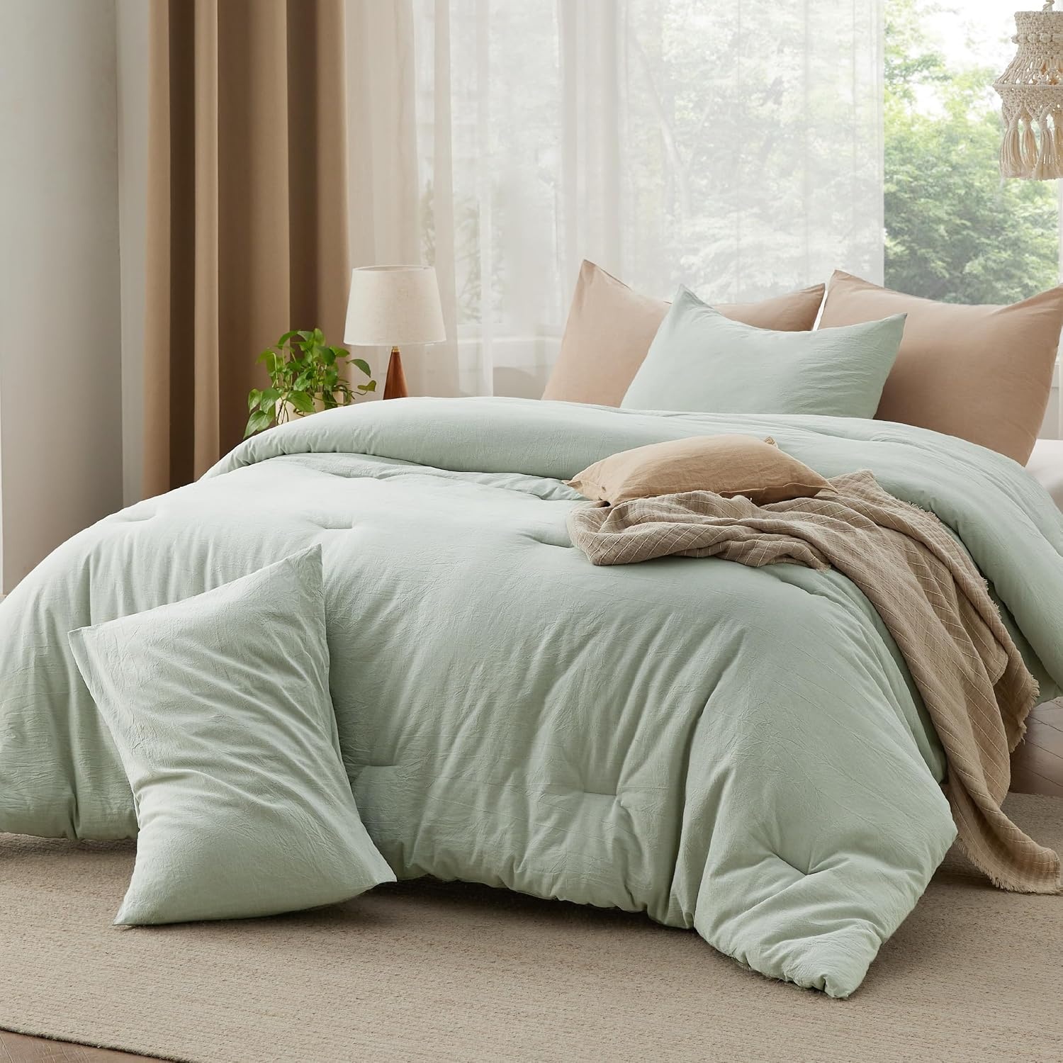 image:imageBedsure PureWoven Cotton Comforter Set Prewashed Queen Grayish Olive Green Cotton Fabric Microfiber Inner Fill Soft Breathable Natural Wrinkle 1 Comforter90 X 90 2 Pillow Shams20x2611 Sage Green