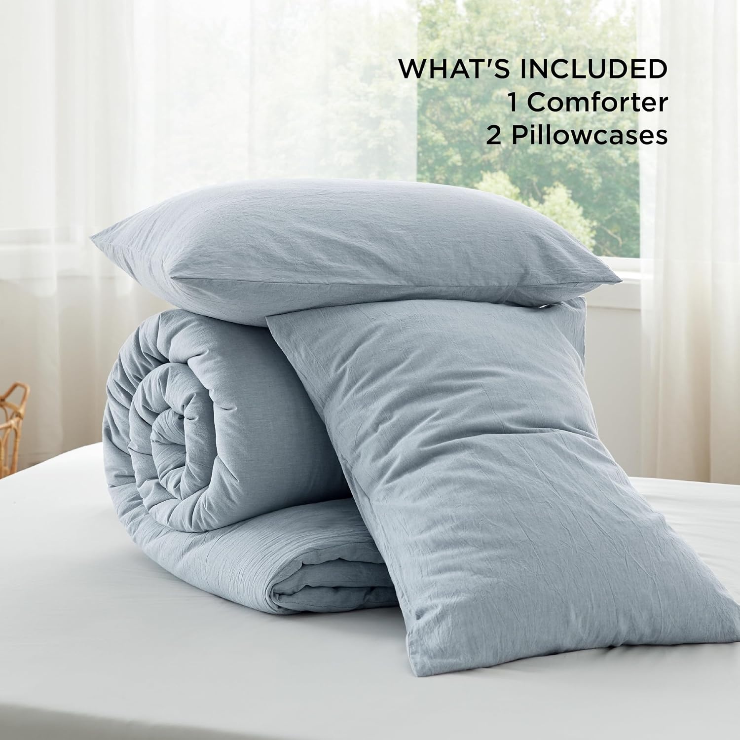 image:imageBedsure PureWoven Cotton Comforter Set Prewashed Queen Grayish Olive Green Cotton Fabric Microfiber Inner Fill Soft Breathable Natural Wrinkle 1 Comforter90 X 90 2 Pillow Shams20x2609 Mineral Blue