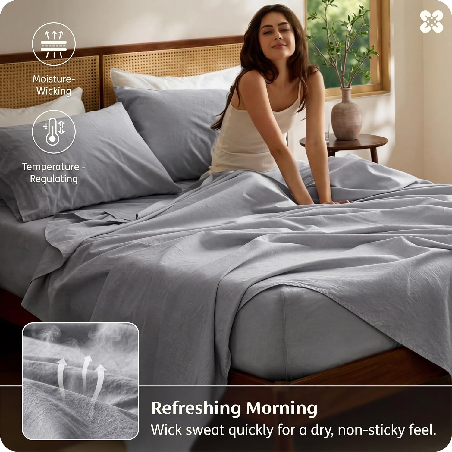 image:imageBedsure PureWoven Linen Sheets Queen Size Cotton Linen Blend Sheets 4PCS BV amp OekoTex Certified AllSeason Breathable for Hot Sleepers AntiPilling amp Tearproof 16 Deep Pocket Linen Beige05 Grey