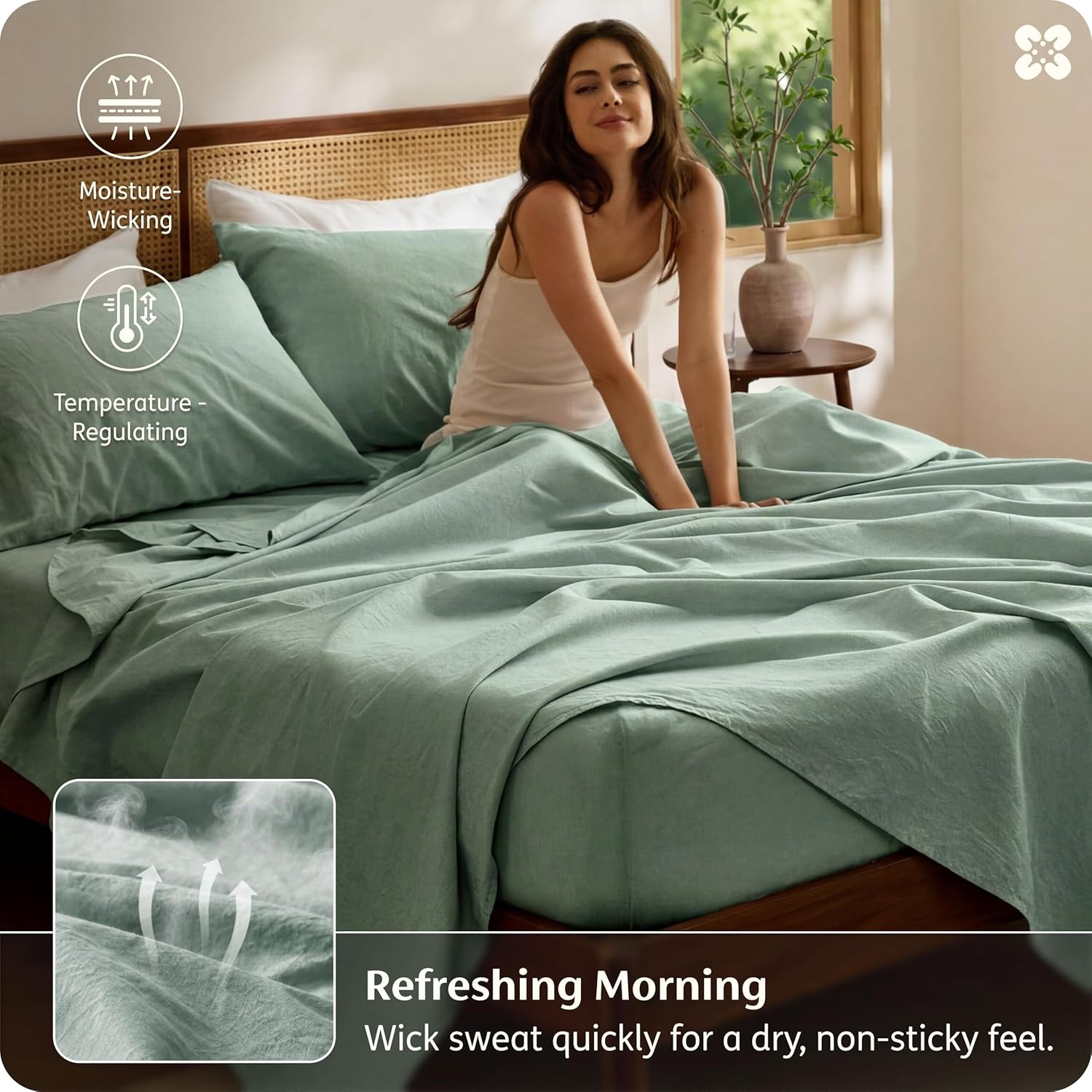 image:imageBedsure PureWoven Linen Sheets Queen Size Cotton Linen Blend Sheets 4PCS BV amp OekoTex Certified AllSeason Breathable for Hot Sleepers AntiPilling amp Tearproof 16 Deep Pocket Linen Beige03 Sage Green