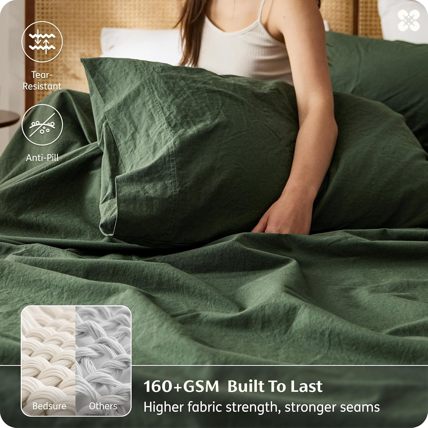 image:imageBedsure PureWoven Linen Sheets Queen Size Cotton Linen Blend Sheets 4PCS BV amp OekoTex Certified AllSeason Breathable for Hot Sleepers AntiPilling amp Tearproof 16 Deep Pocket Linen Beige06 Olive Green