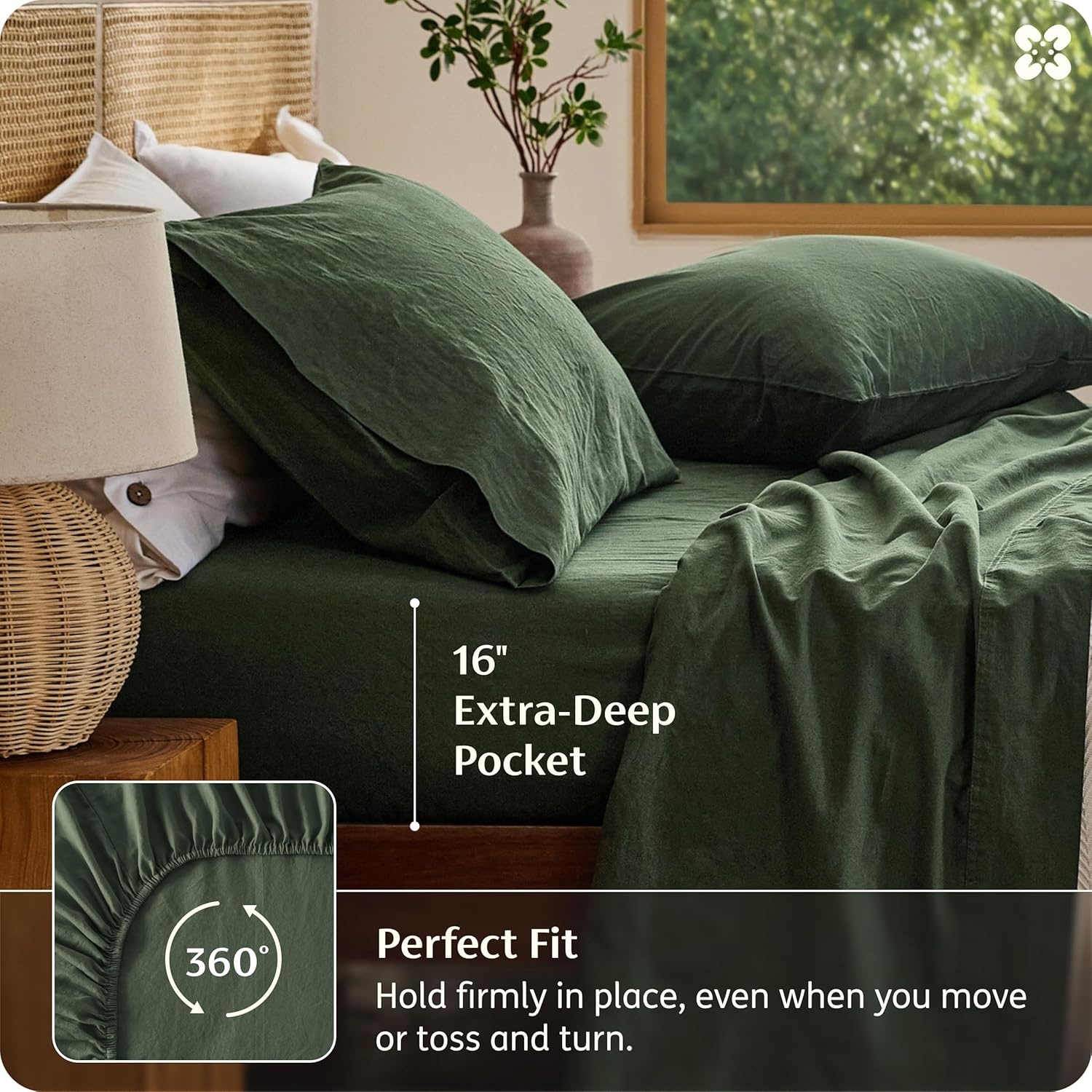 image:imageBedsure PureWoven Linen Sheets Queen Size Cotton Linen Blend Sheets 4PCS BV amp OekoTex Certified AllSeason Breathable for Hot Sleepers AntiPilling amp Tearproof 16 Deep Pocket Linen Beige06 Olive Green