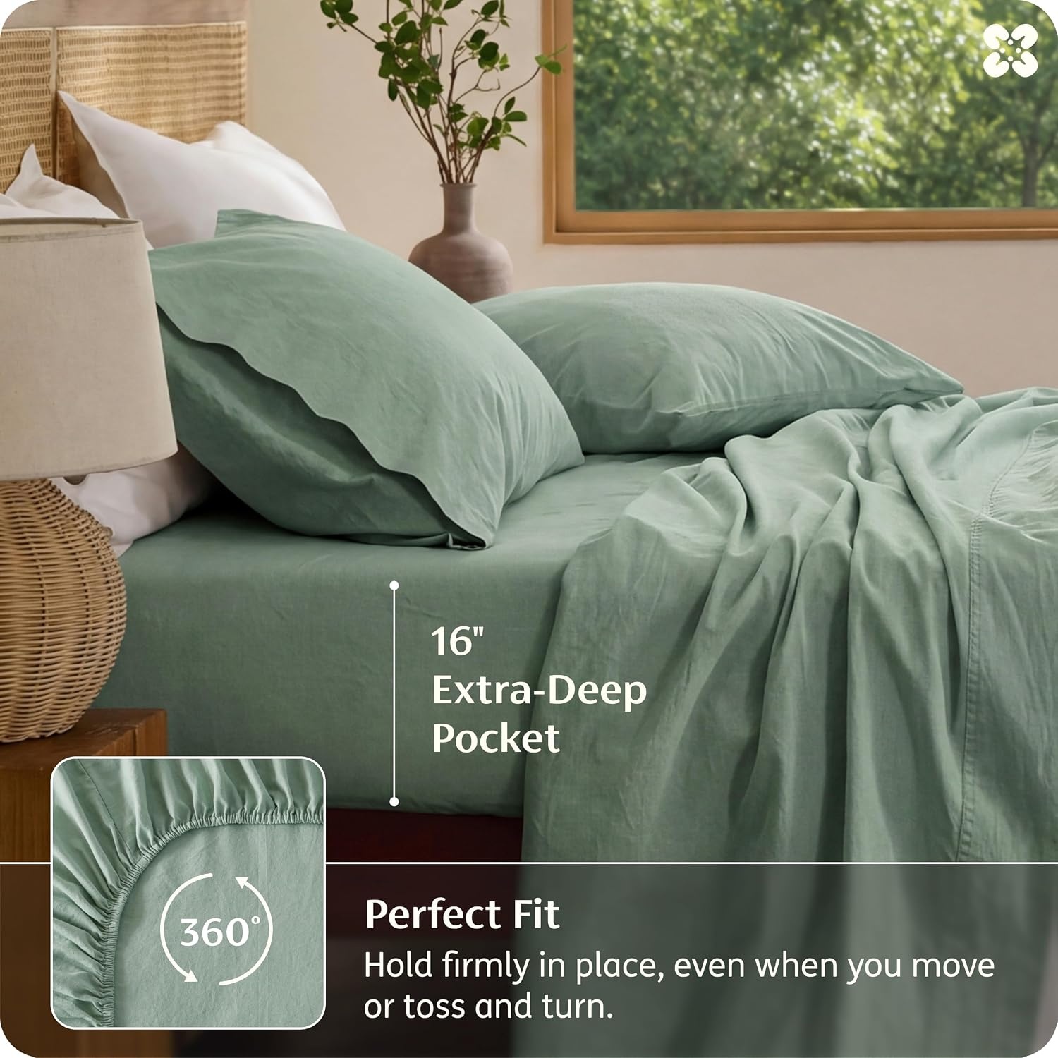 image:imageBedsure PureWoven Linen Sheets Queen Size Cotton Linen Blend Sheets 4PCS BV amp OekoTex Certified AllSeason Breathable for Hot Sleepers AntiPilling amp Tearproof 16 Deep Pocket Linen Beige03 Sage Green