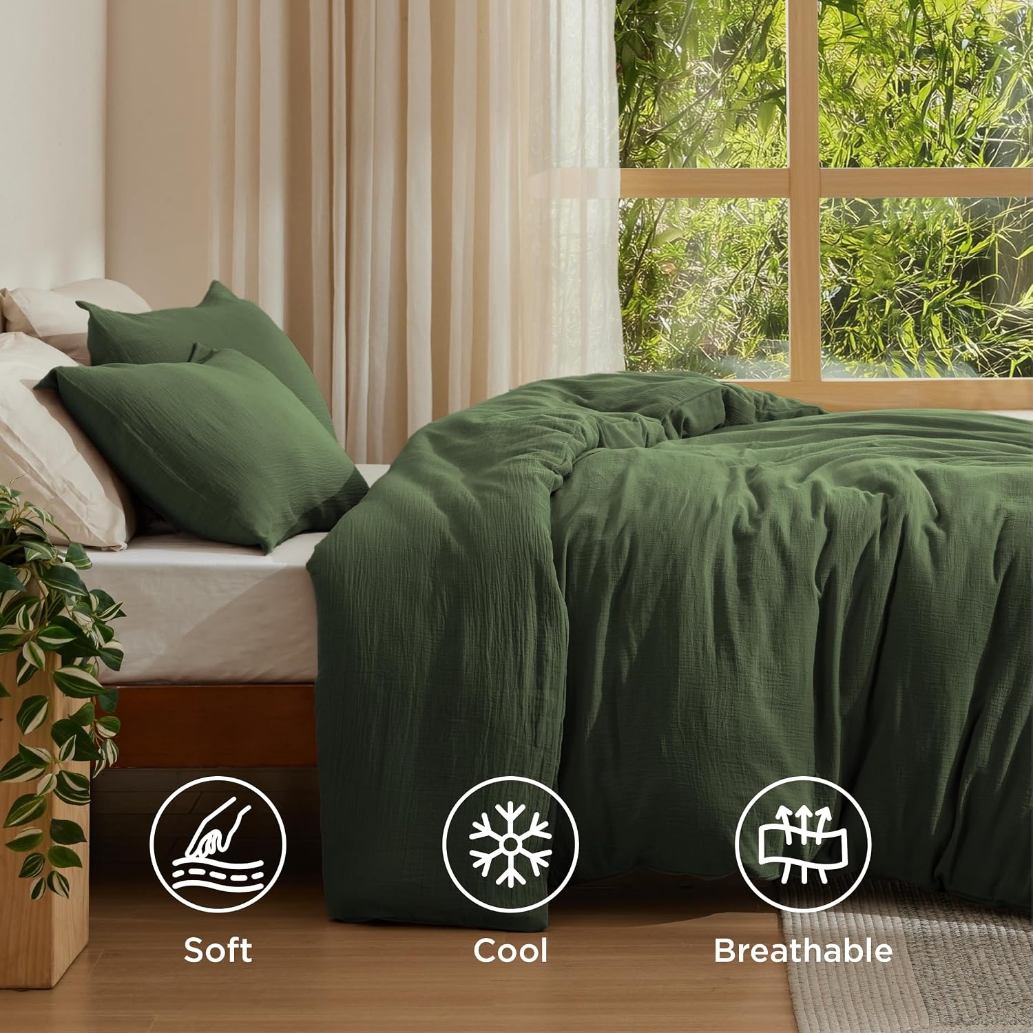 image:imageBedsure PureWoven Muslin Duvet Cover Cooling Bedding Set for Hot Sleepers Cotton Blend Viscose Derived from Bamboo Lightweight amp Silky Soft Breathable AllSeason Linen07 Muslin Olive Green No Comforter