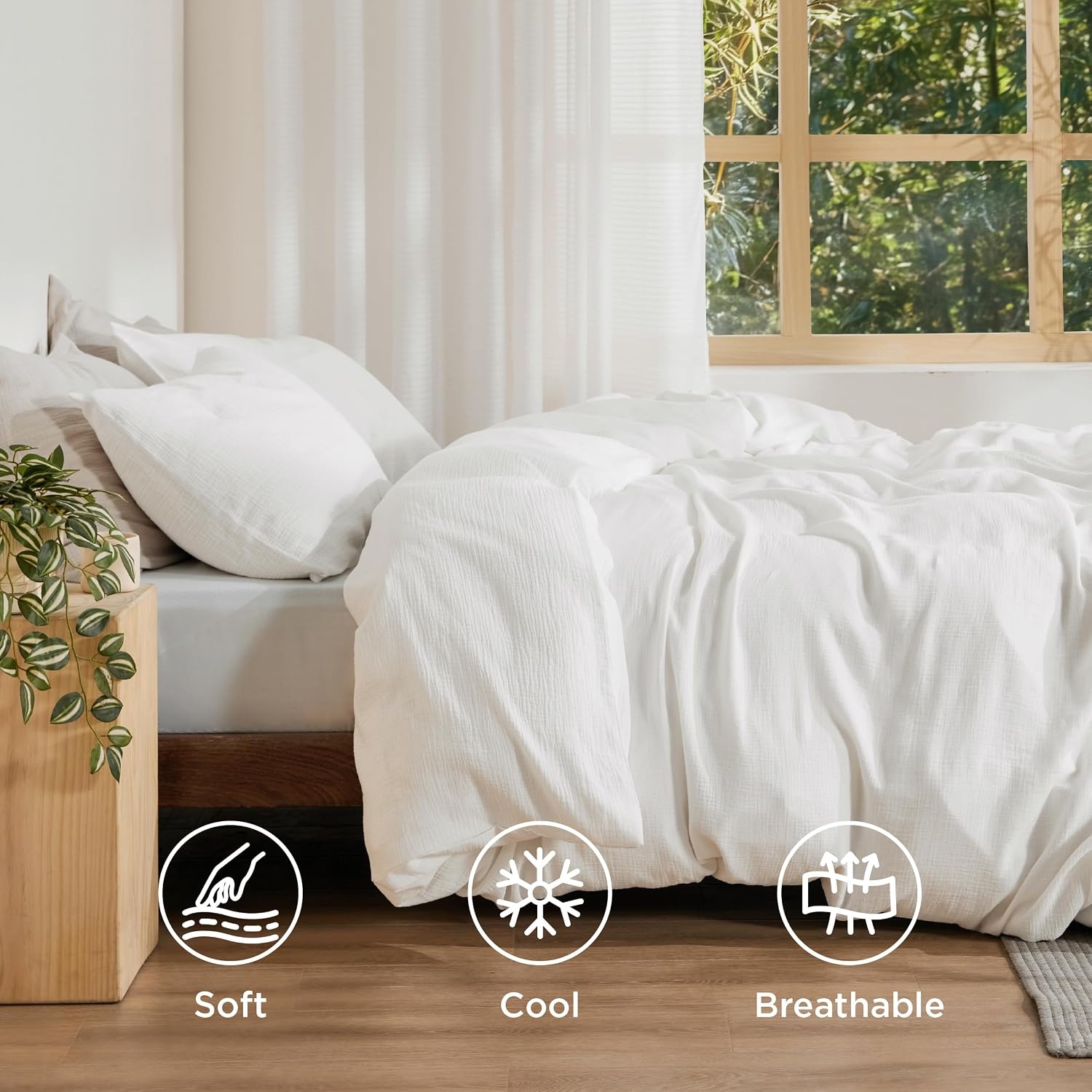image:imageBedsure PureWoven Muslin Duvet Cover Cooling Bedding Set for Hot Sleepers Cotton Blend Viscose Derived from Bamboo Lightweight amp Silky Soft Breathable AllSeason Linen08 Muslin White No Comforter
