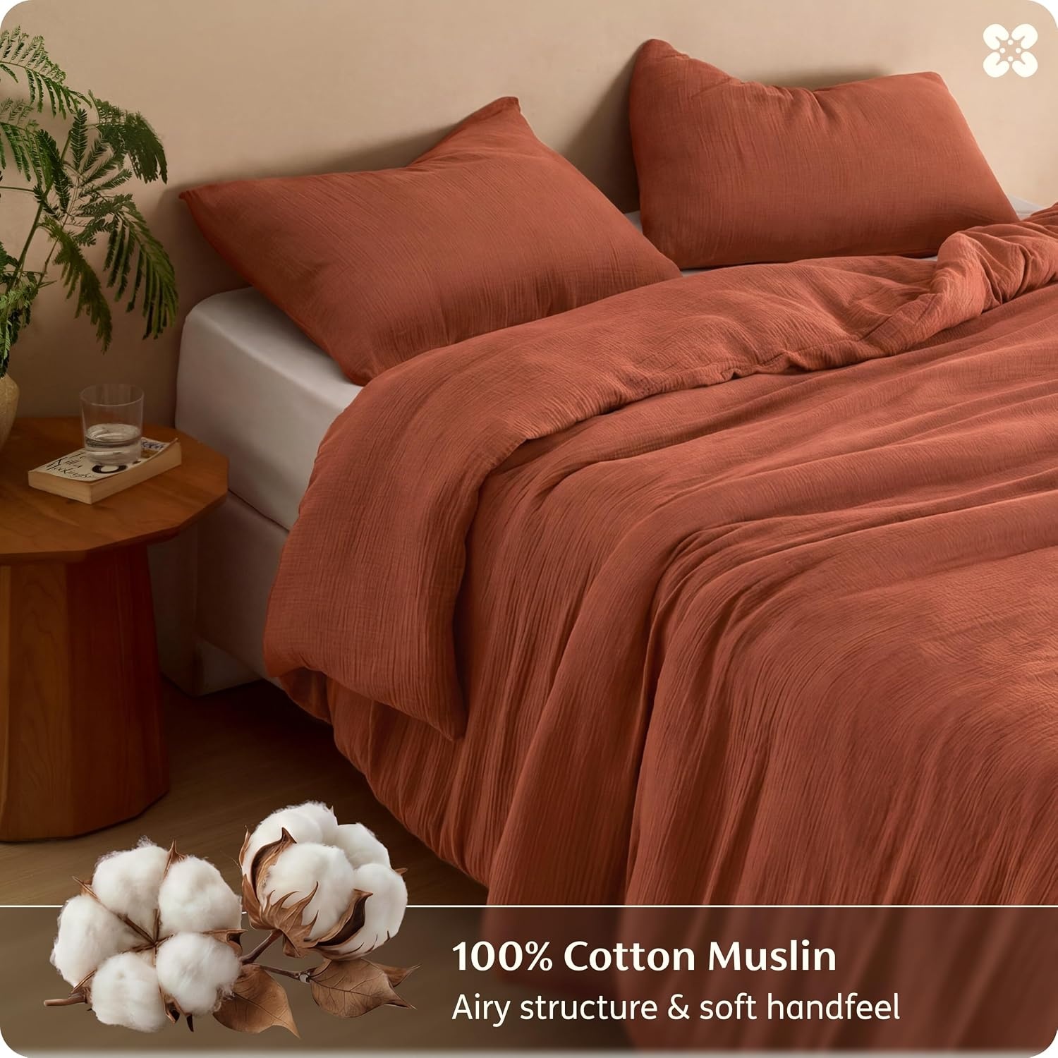 image:imageBedsure PureWoven Muslin Duvet Cover Cooling Bedding Set for Hot Sleepers Cotton Blend Viscose Derived from Bamboo Lightweight amp Silky Soft Breathable AllSeason Linen00 Muslin Terracotta No Comforter