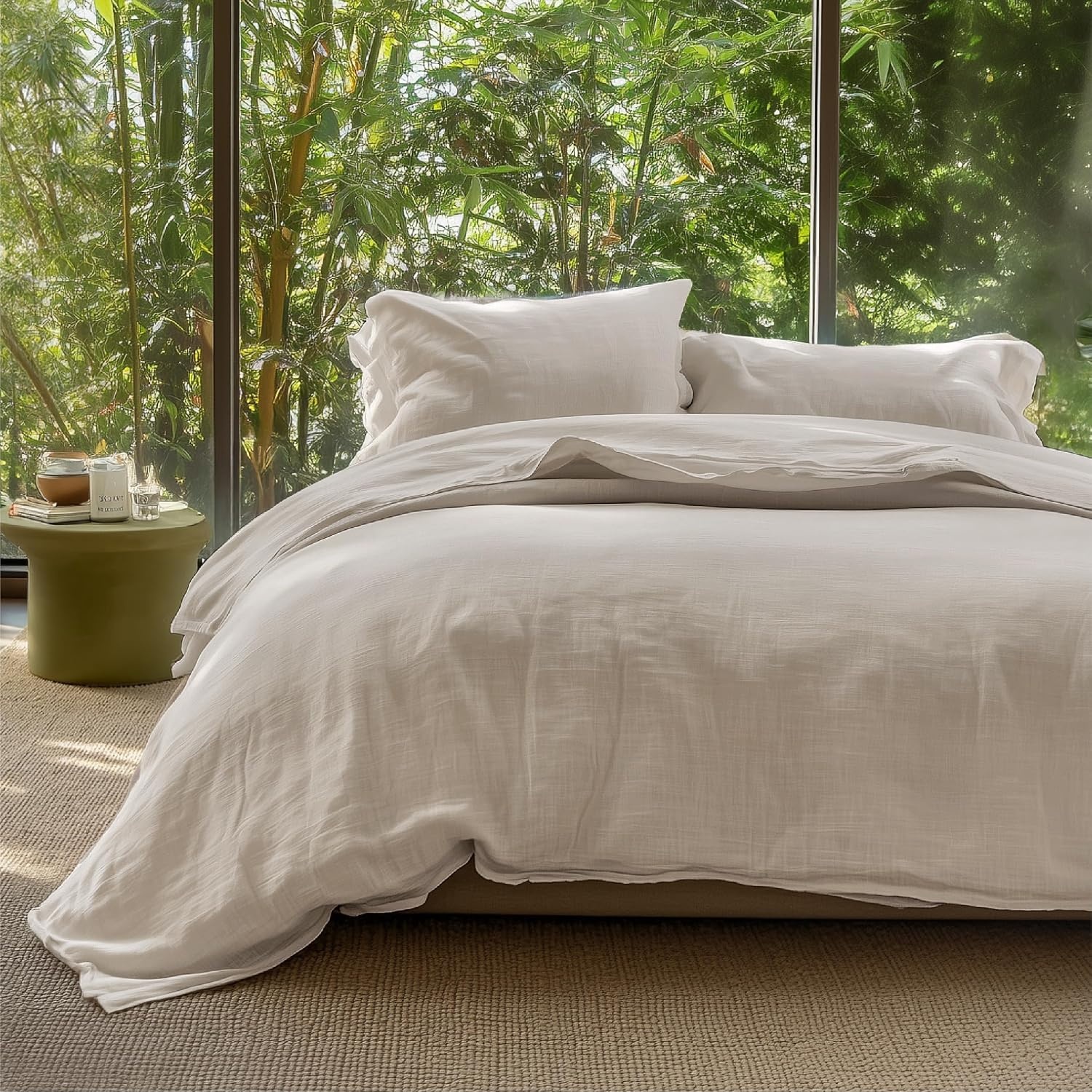 image:imageBedsure PureWoven Muslin Duvet Cover Cooling Bedding Set for Hot Sleepers Cotton Blend Viscose Derived from Bamboo Lightweight amp Silky Soft Breathable AllSeason Linen06 Muslin Oat Milk No Comforter