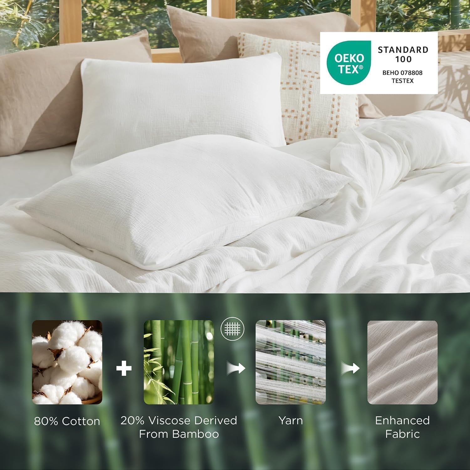 image:imageBedsure PureWoven Muslin Duvet Cover Cooling Bedding Set for Hot Sleepers Cotton Blend Viscose Derived from Bamboo Lightweight amp Silky Soft Breathable AllSeason Linen08 Muslin White No Comforter