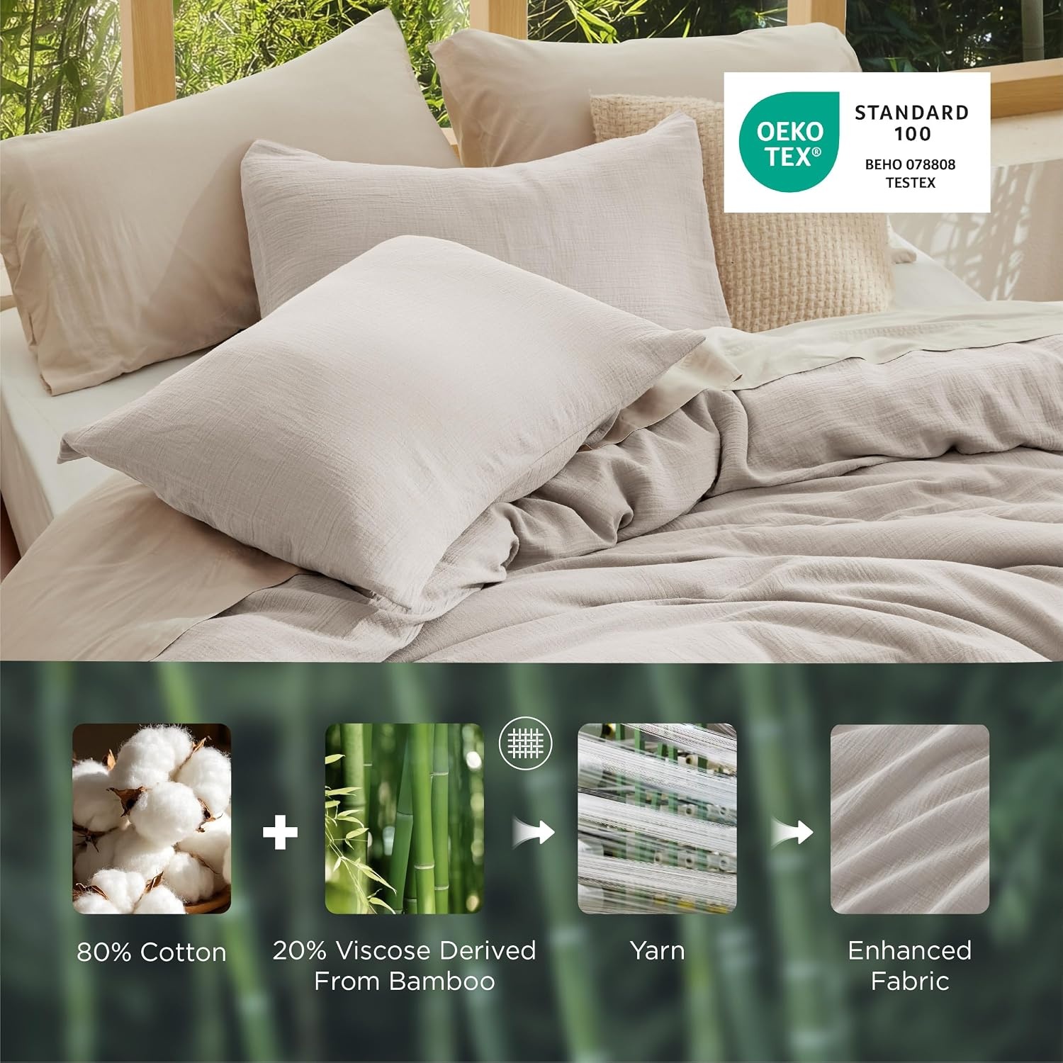 image:imageBedsure PureWoven Muslin Duvet Cover Cooling Bedding Set for Hot Sleepers Cotton Blend Viscose Derived from Bamboo Lightweight amp Silky Soft Breathable AllSeason Linen06 Muslin Oat Milk No Comforter