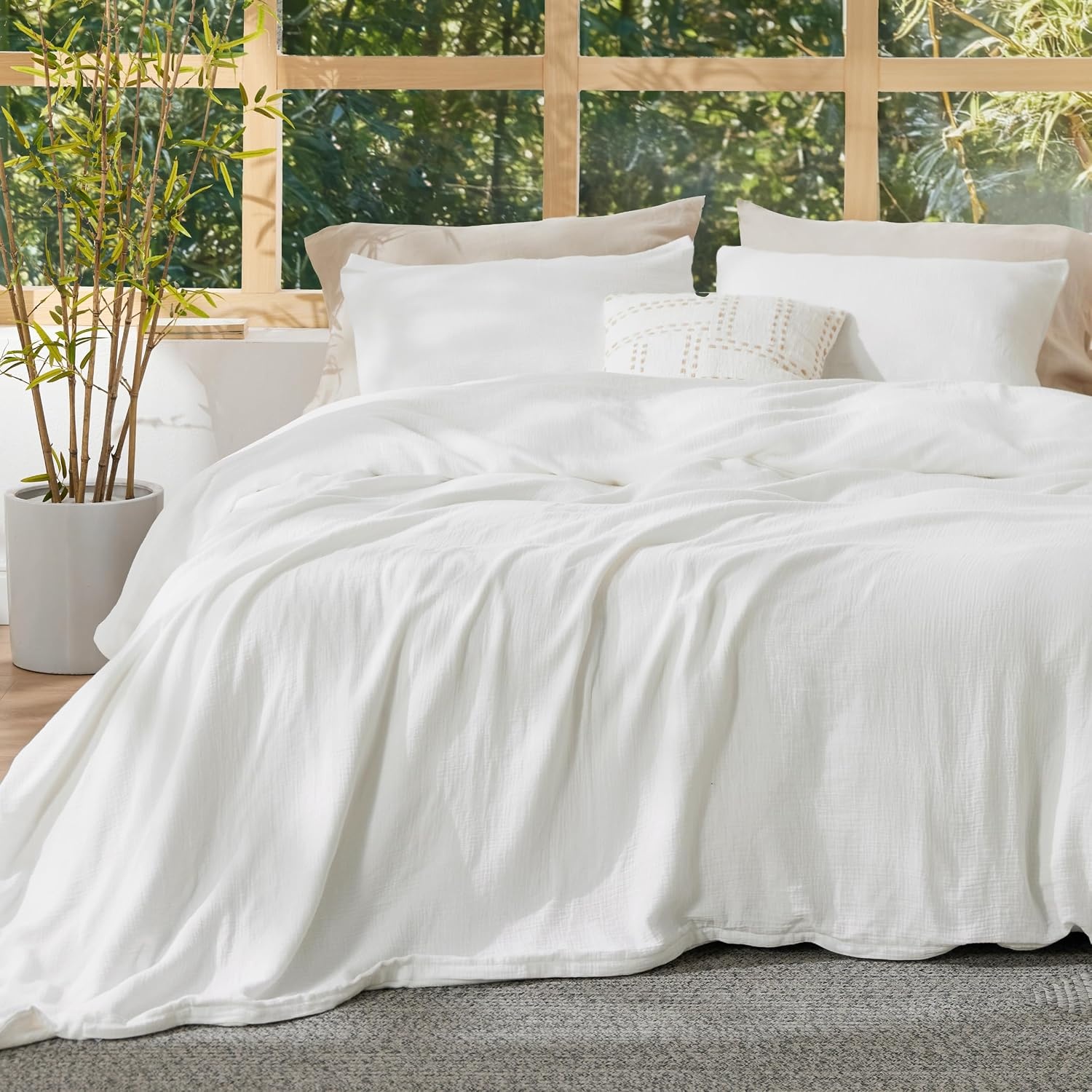 image:imageBedsure PureWoven Muslin Duvet Cover Cooling Bedding Set for Hot Sleepers Cotton Blend Viscose Derived from Bamboo Lightweight amp Silky Soft Breathable AllSeason Linen08 Muslin White No Comforter