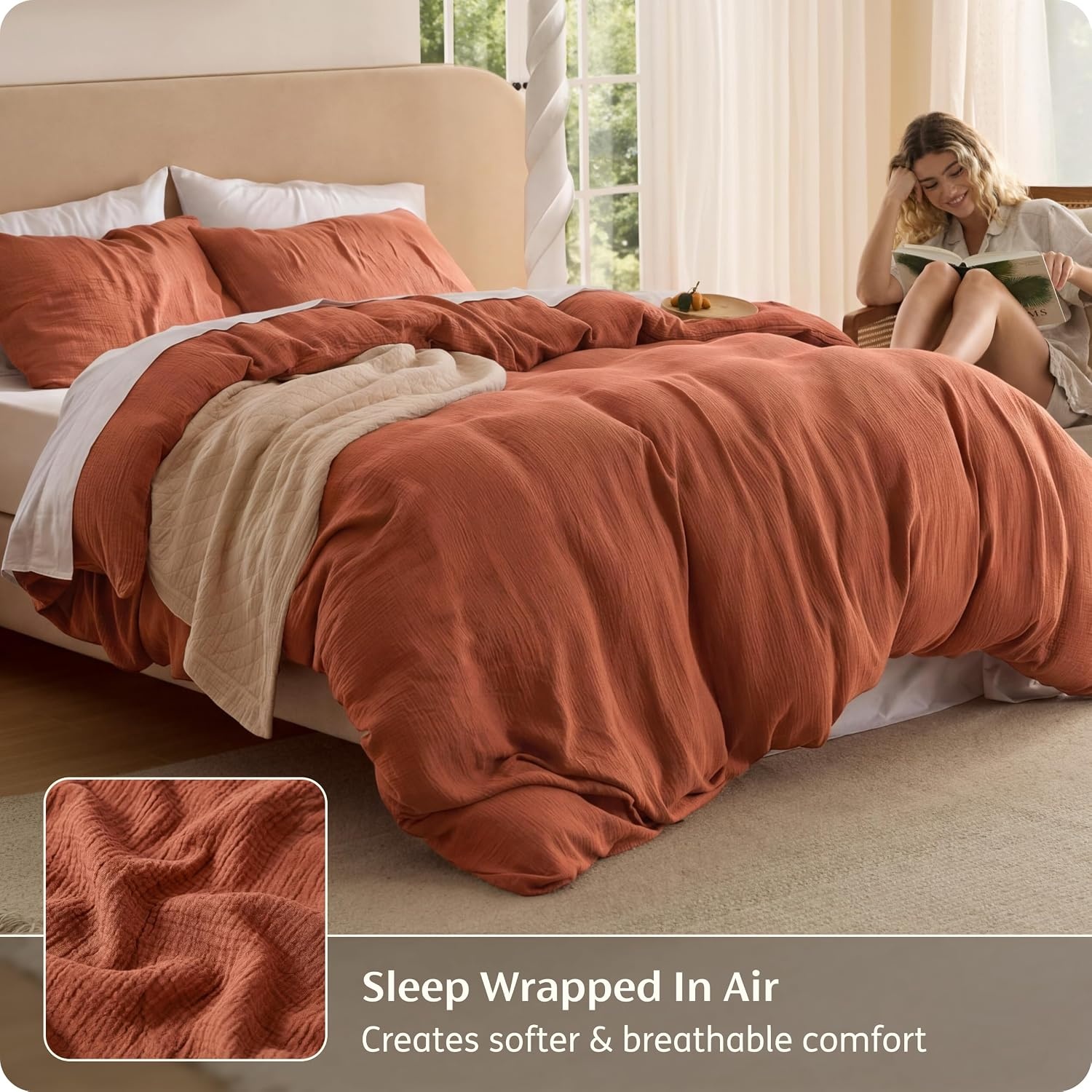 image:imageBedsure PureWoven Muslin Duvet Cover Cooling Bedding Set for Hot Sleepers Cotton Blend Viscose Derived from Bamboo Lightweight amp Silky Soft Breathable AllSeason Linen00 Muslin Terracotta No Comforter