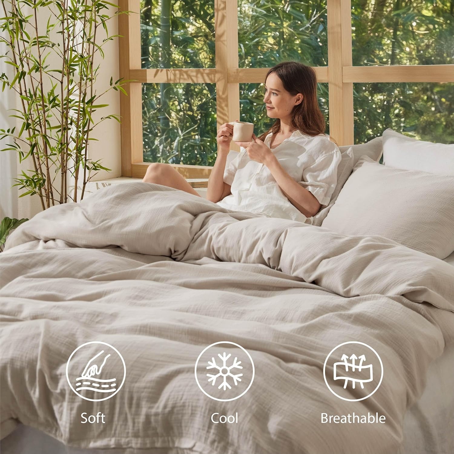 image:imageBedsure PureWoven Muslin Duvet Cover Cooling Bedding Set for Hot Sleepers Cotton Blend Viscose Derived from Bamboo Lightweight amp Silky Soft Breathable AllSeason Linen05 Muslin Linen No Comforter