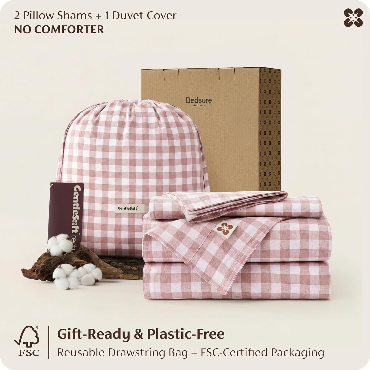image:imageBedsure PureWoven Striped Duvet Cover Set LinenLike Queen Size 3PC 100 Washed Cotton Percale Bedding Set Reversible YarnDyed Design Zipper Closure Stripes White 90 x 9011 Gingham Greyish Pink
