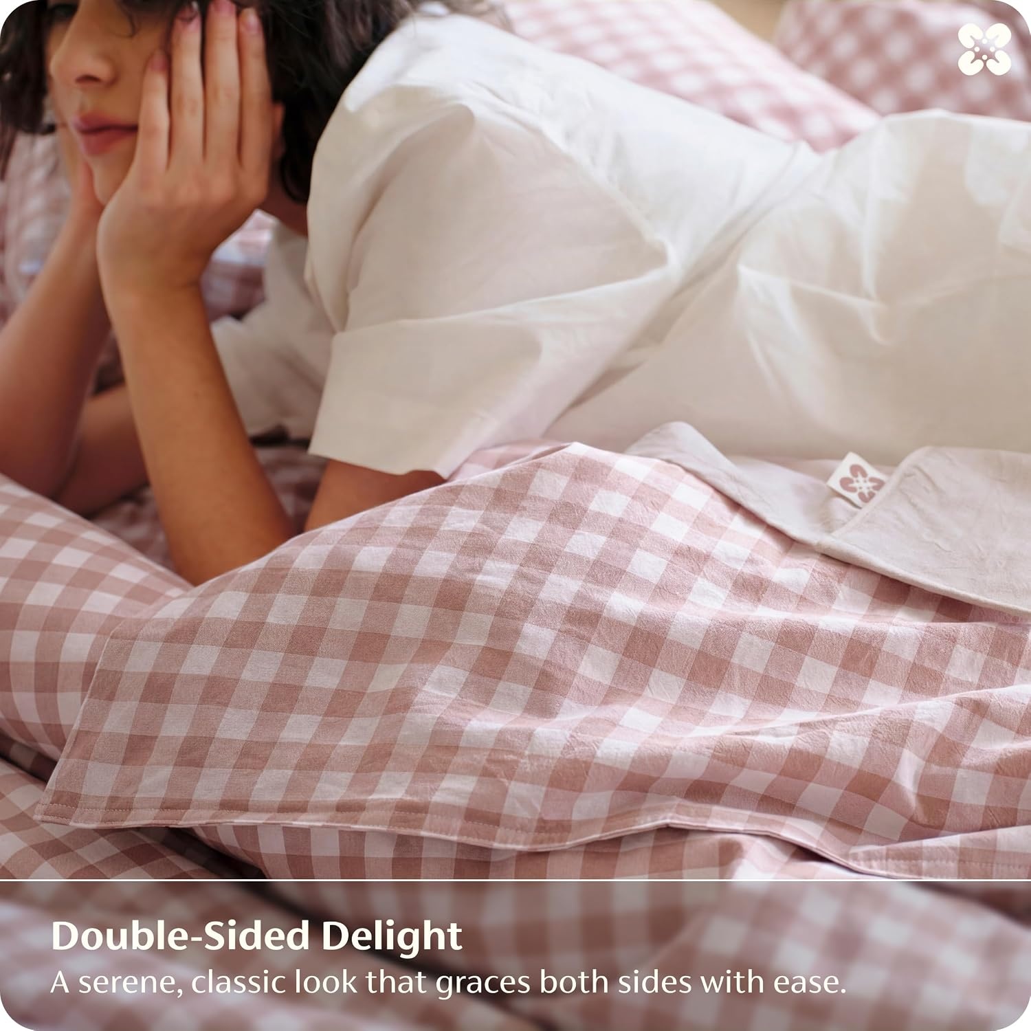 image:imageBedsure PureWoven Striped Duvet Cover Set LinenLike Queen Size 3PC 100 Washed Cotton Percale Bedding Set Reversible YarnDyed Design Zipper Closure Stripes White 90 x 9011 Gingham Greyish Pink