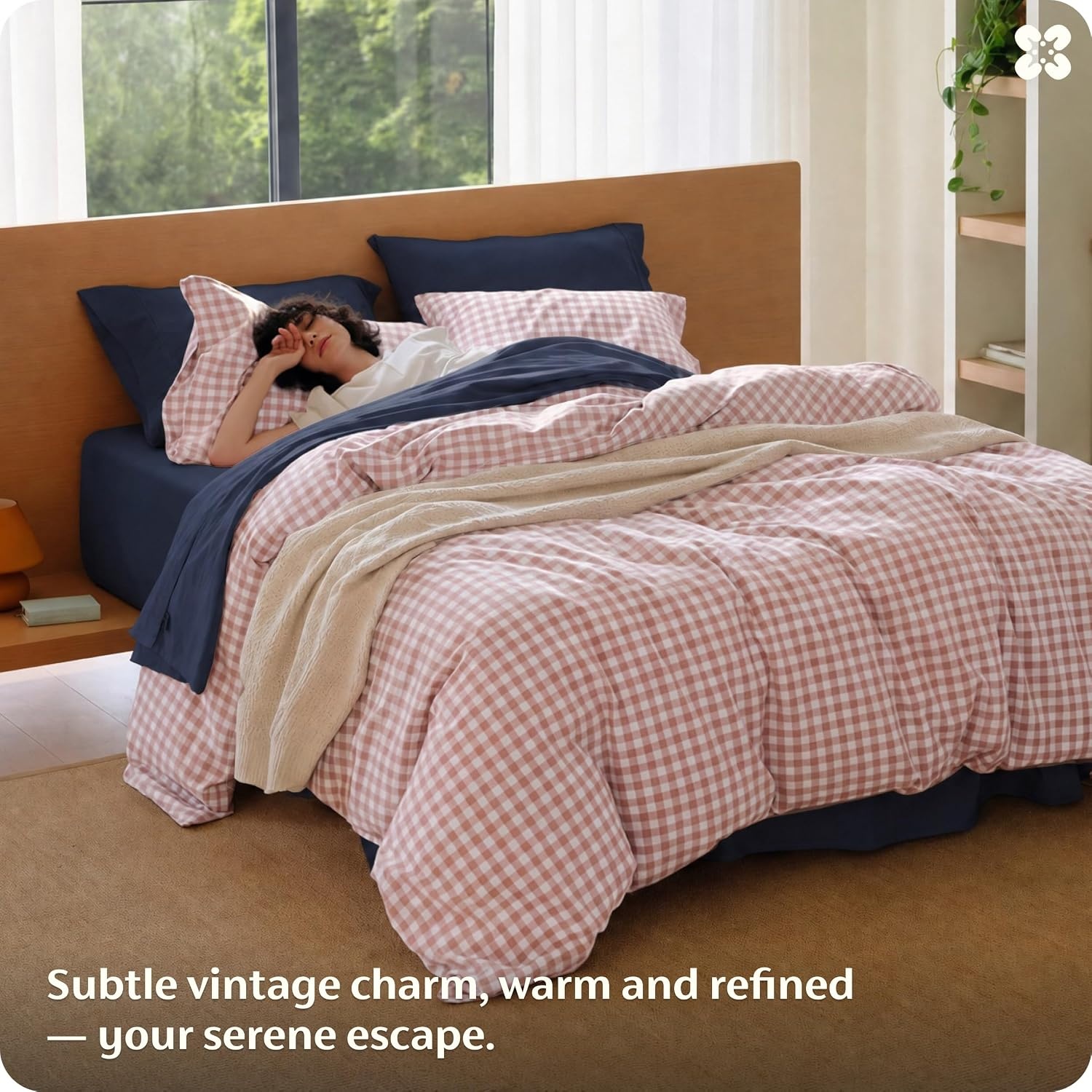 image:imageBedsure PureWoven Striped Duvet Cover Set LinenLike Queen Size 3PC 100 Washed Cotton Percale Bedding Set Reversible YarnDyed Design Zipper Closure Stripes White 90 x 9011 Gingham Greyish Pink
