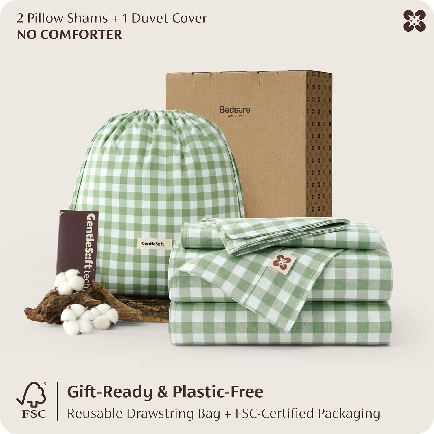 image:imageBedsure PureWoven Striped Duvet Cover Set LinenLike Queen Size 3PC 100 Washed Cotton Percale Bedding Set Reversible YarnDyed Design Zipper Closure Stripes White 90 x 9010 Gingham Willow Green