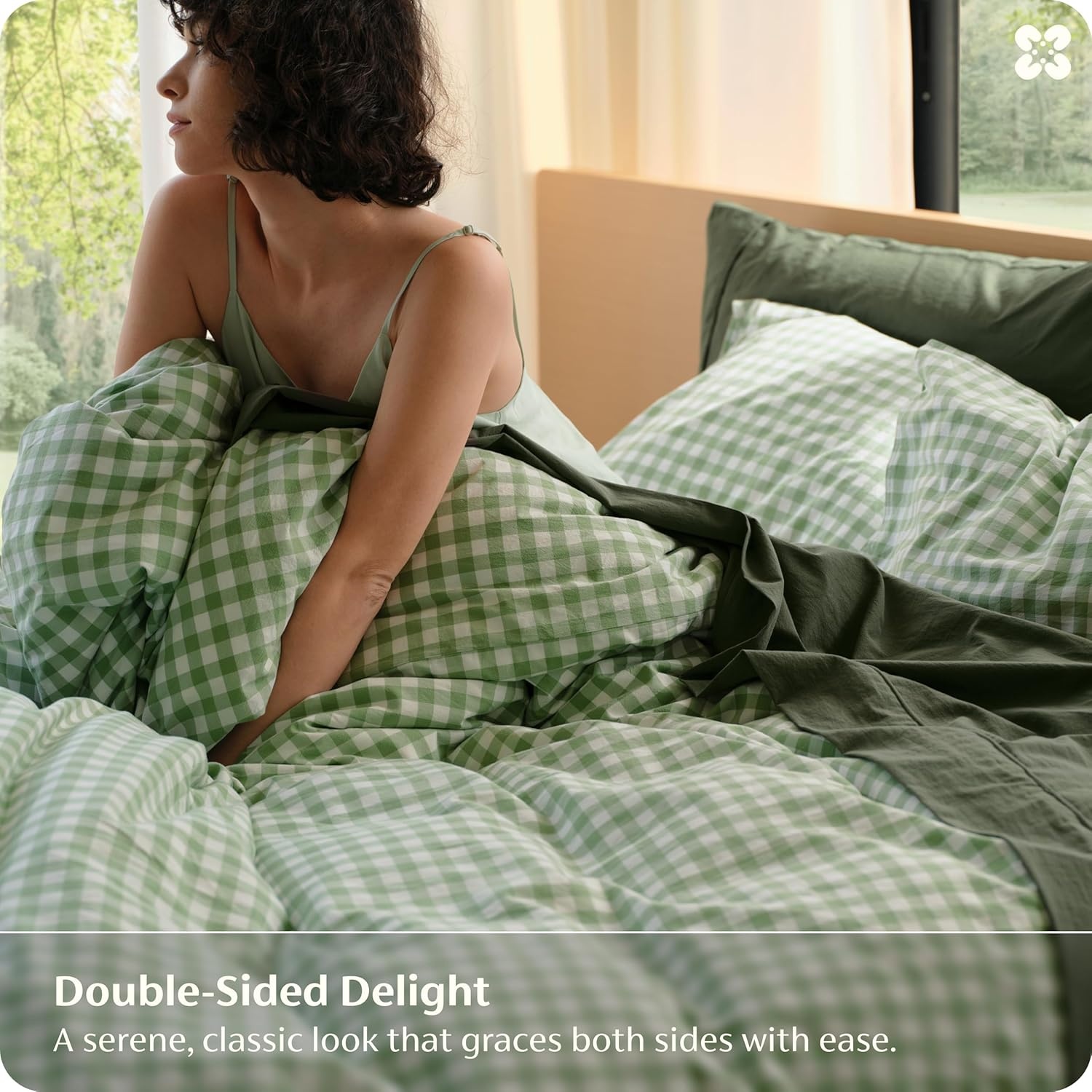 image:imageBedsure PureWoven Striped Duvet Cover Set LinenLike Queen Size 3PC 100 Washed Cotton Percale Bedding Set Reversible YarnDyed Design Zipper Closure Stripes White 90 x 9010 Gingham Willow Green