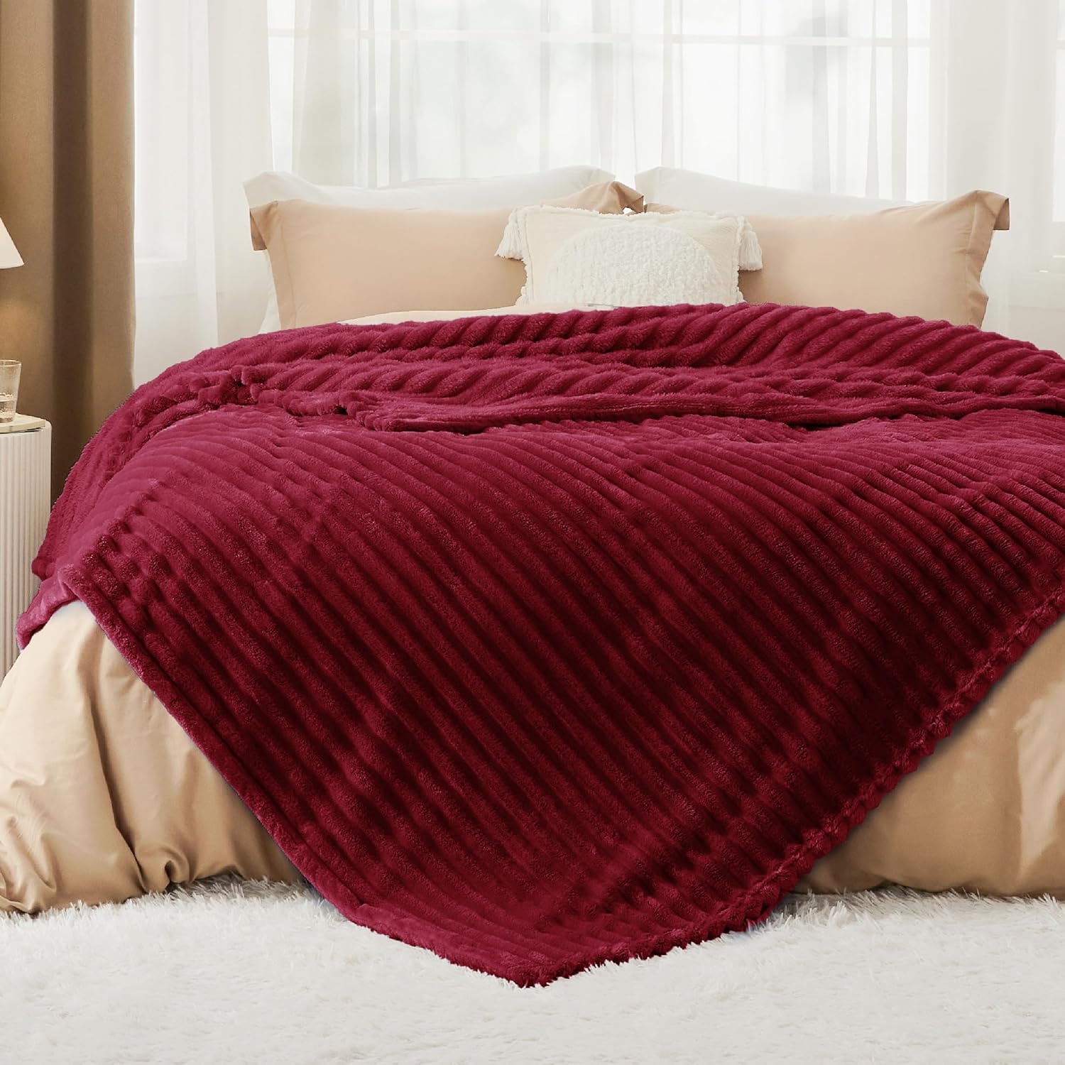 image:imageBedsure Soft Cozy Twin XL Blanket for Bed College Dorm Off White 66x90 Birthday Gifts for Women Mom Her Warm Lightweight Cozy Fluffy Throw Blanket Sofa Dorm Room Home Decor Machine WashableDeep Red