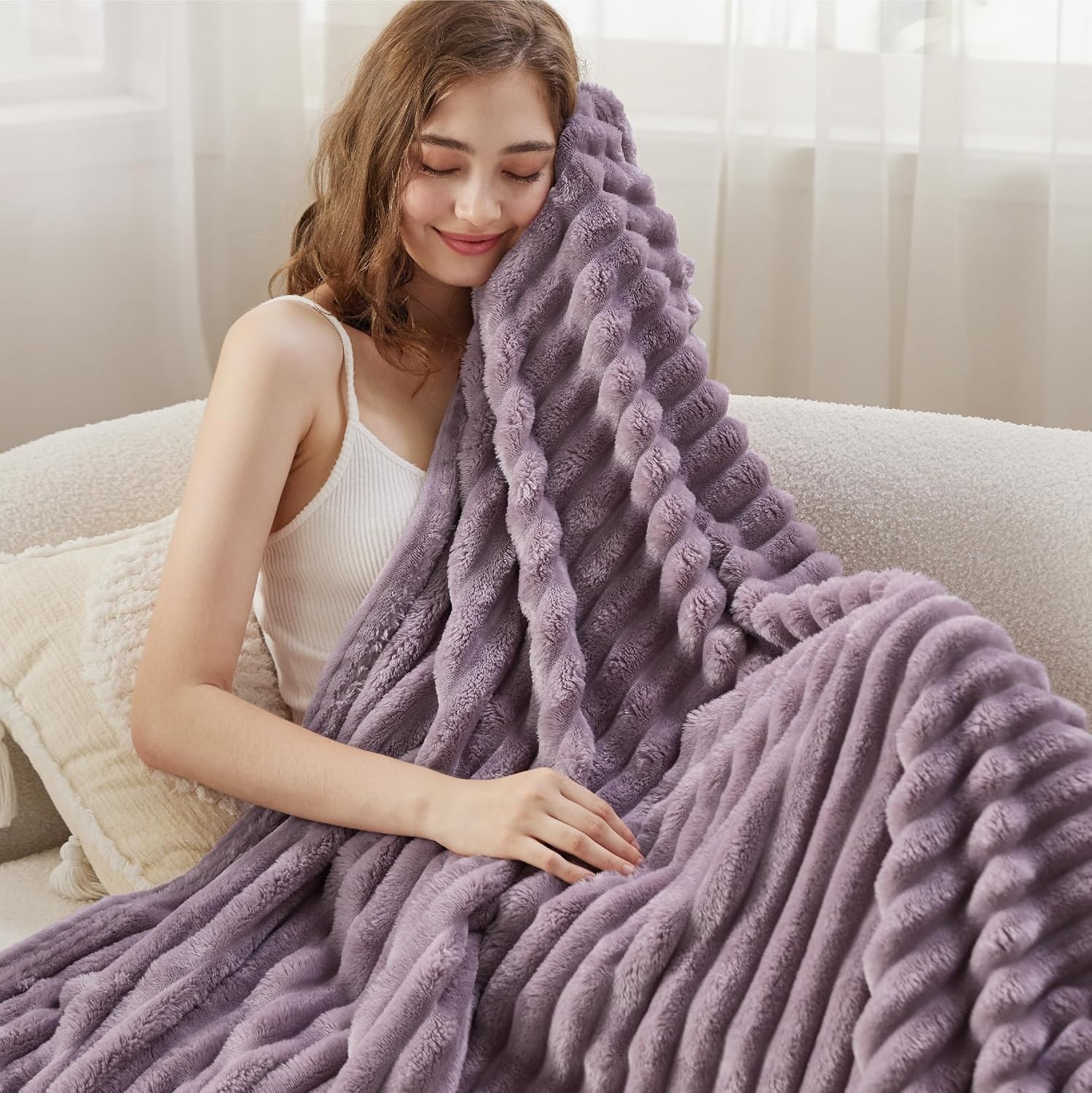 image:imageBedsure Soft Cozy Twin XL Blanket for Bed College Dorm Off White 66x90 Birthday Gifts for Women Mom Her Warm Lightweight Cozy Fluffy Throw Blanket Sofa Dorm Room Home Decor Machine WashableLight Purple