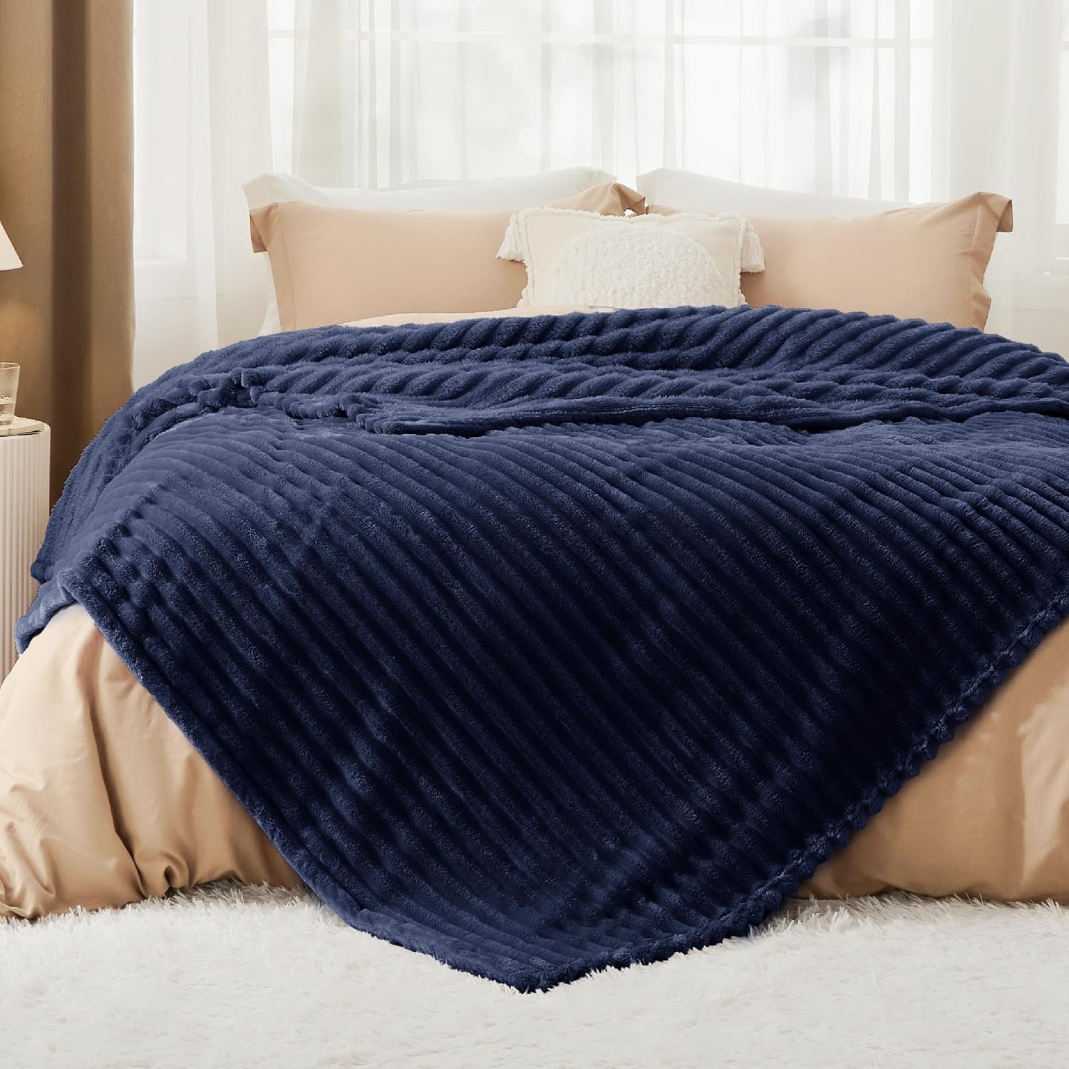 image:imageBedsure Soft Cozy Twin XL Blanket for Bed College Dorm Off White 66x90 Birthday Gifts for Women Mom Her Warm Lightweight Cozy Fluffy Throw Blanket Sofa Dorm Room Home Decor Machine WashableNavy