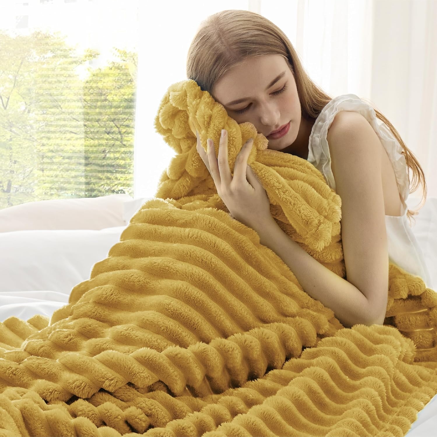 image:imageBedsure Soft Cozy Twin XL Blanket for Bed College Dorm Off White 66x90 Birthday Gifts for Women Mom Her Warm Lightweight Cozy Fluffy Throw Blanket Sofa Dorm Room Home Decor Machine WashableYellow