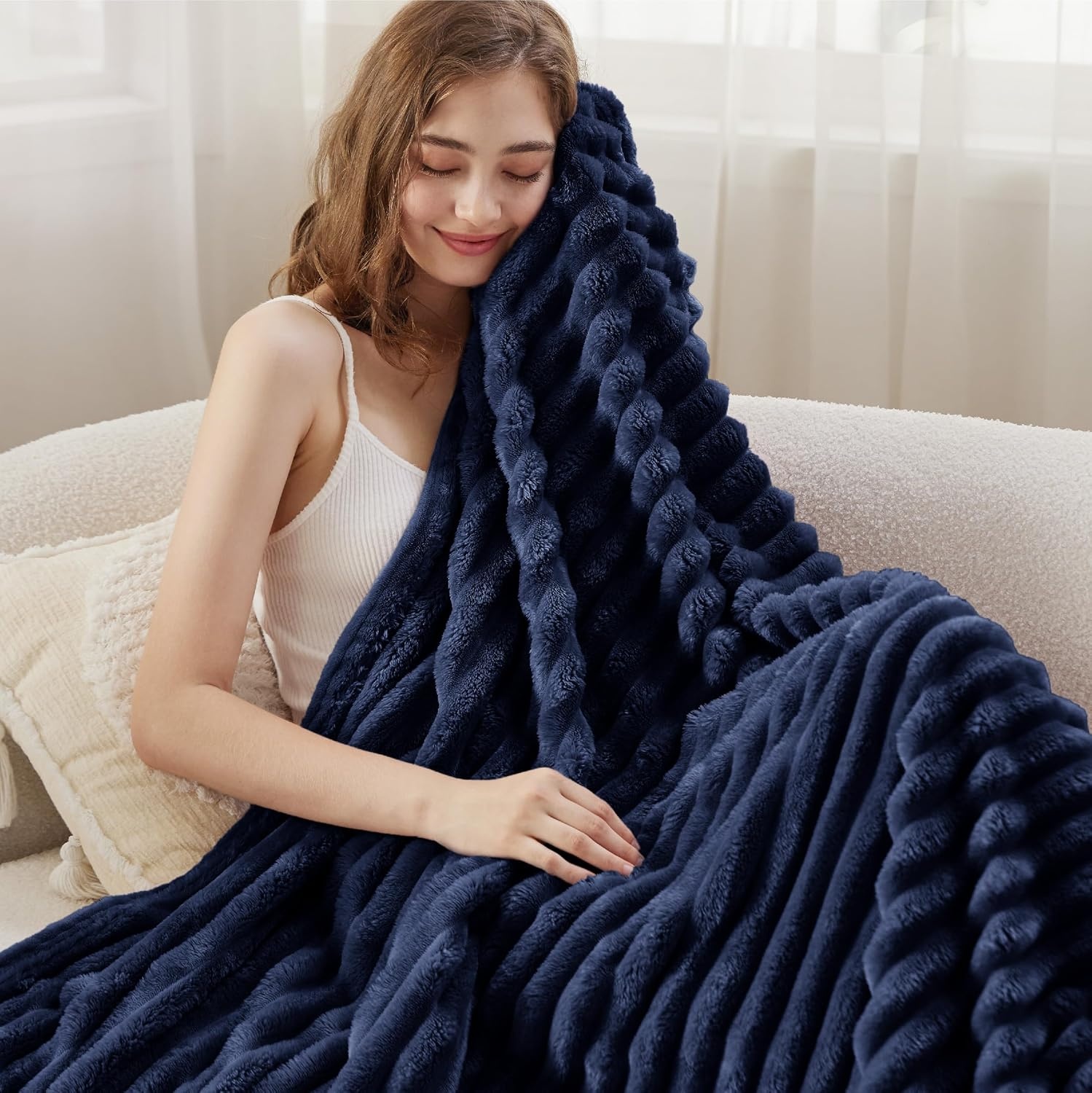 image:imageBedsure Soft Cozy Twin XL Blanket for Bed College Dorm Off White 66x90 Birthday Gifts for Women Mom Her Warm Lightweight Cozy Fluffy Throw Blanket Sofa Dorm Room Home Decor Machine WashableNavy
