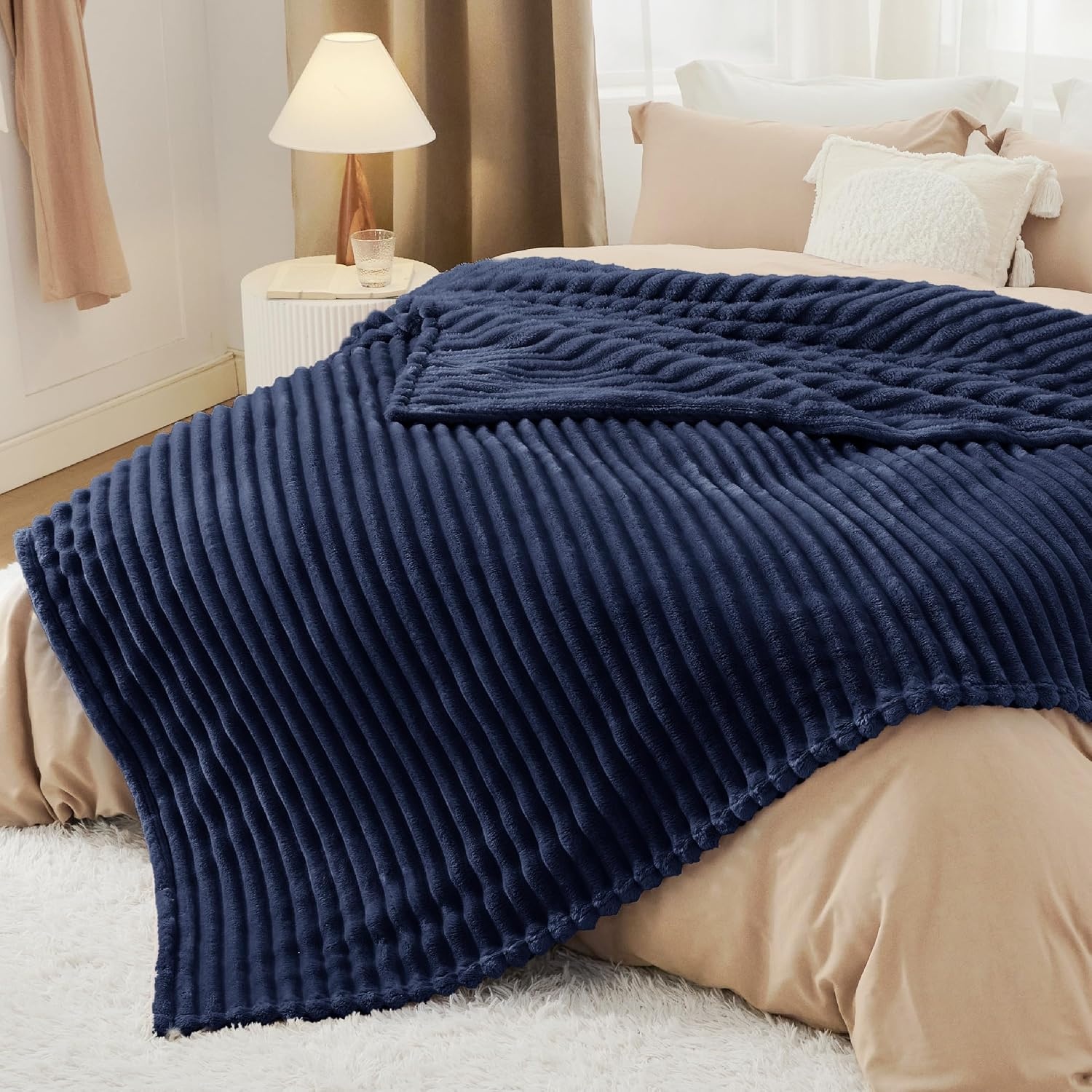 image:imageBedsure Soft Cozy Twin XL Blanket for Bed College Dorm Off White 66x90 Birthday Gifts for Women Mom Her Warm Lightweight Cozy Fluffy Throw Blanket Sofa Dorm Room Home Decor Machine WashableNavy
