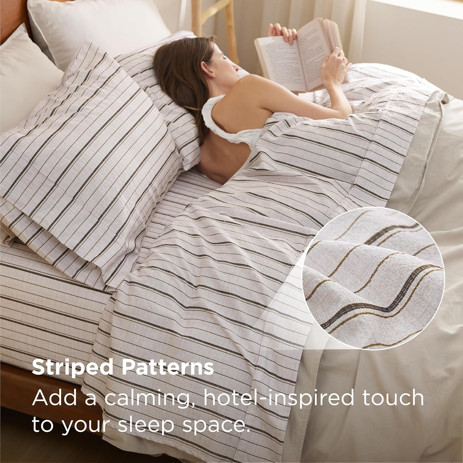 image:imageBedsure Striped Sheets Queen SizeImitation Cotton Fits Up to 16 Mattress Jacquard Dobby Striped Breathable Lightweight and Easy Care Bedsheet amp Pillowcases Gifts for KidsWomenMenDark BlueStriped Beige