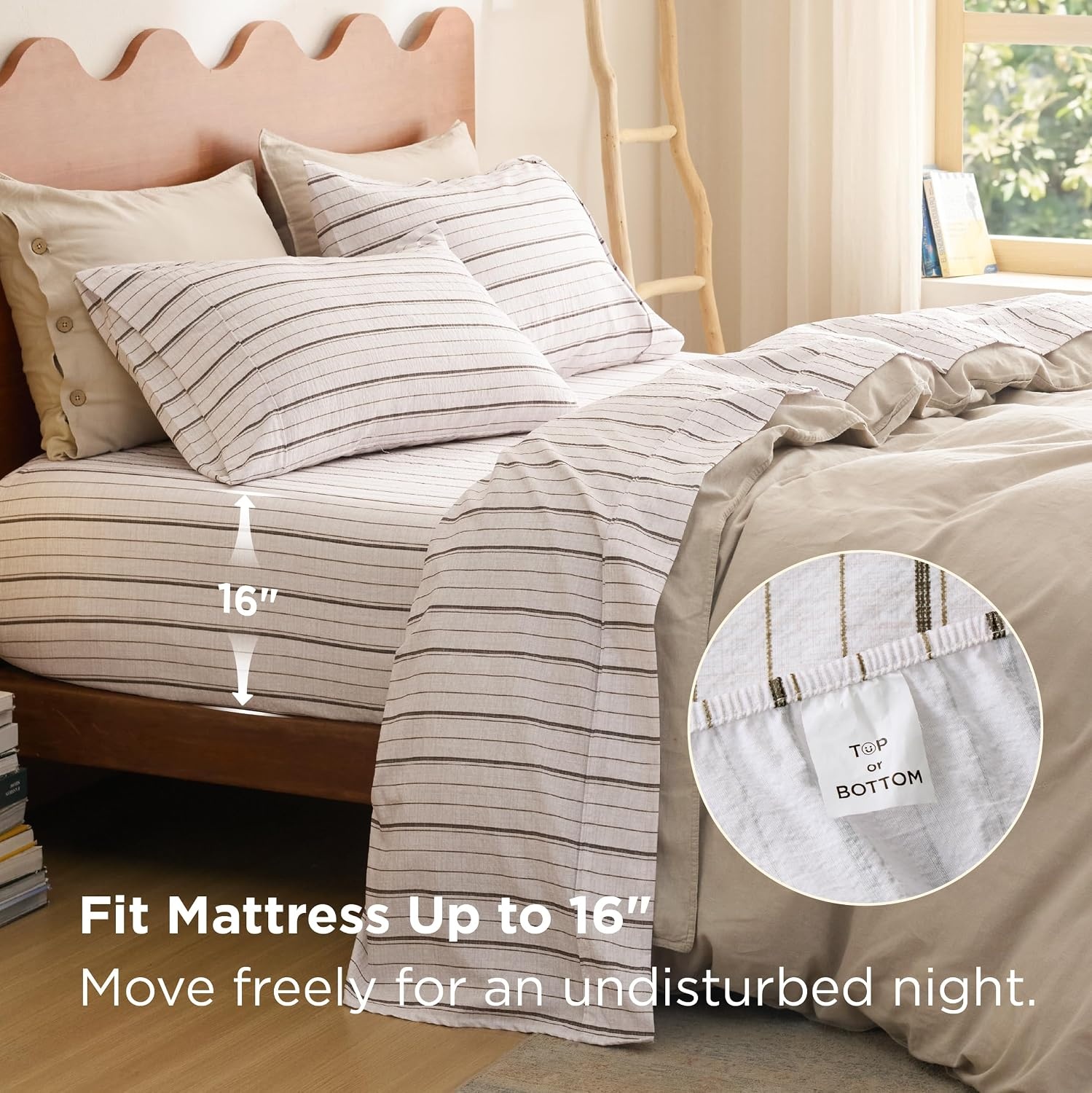 image:imageBedsure Striped Sheets Queen SizeImitation Cotton Fits Up to 16 Mattress Jacquard Dobby Striped Breathable Lightweight and Easy Care Bedsheet amp Pillowcases Gifts for KidsWomenMenDark BlueStriped Beige