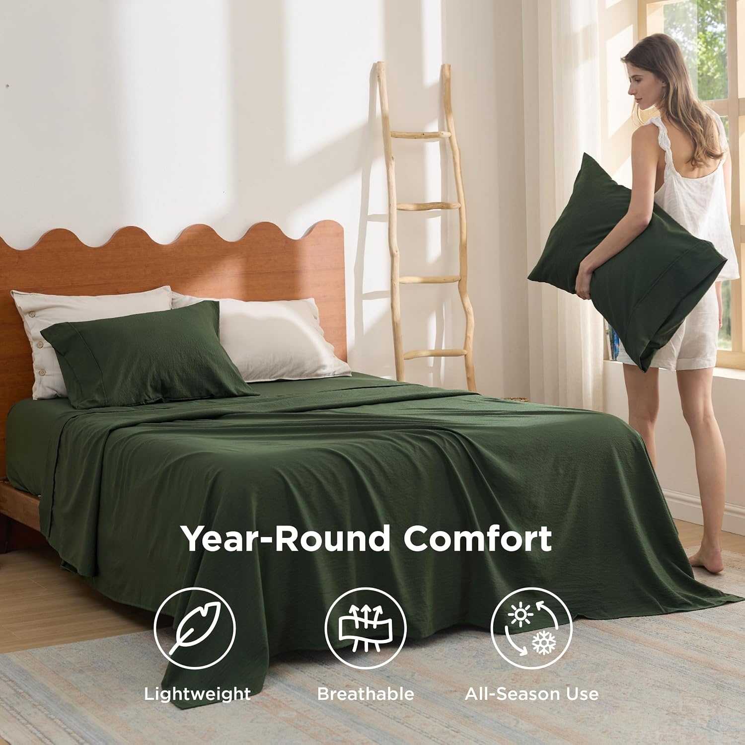 image:imageBedsure Striped Sheets Queen SizeImitation Cotton Fits Up to 16 Mattress Jacquard Dobby Striped Breathable Lightweight and Easy Care Bedsheet amp Pillowcases Gifts for KidsWomenMenDark BlueOlive Green