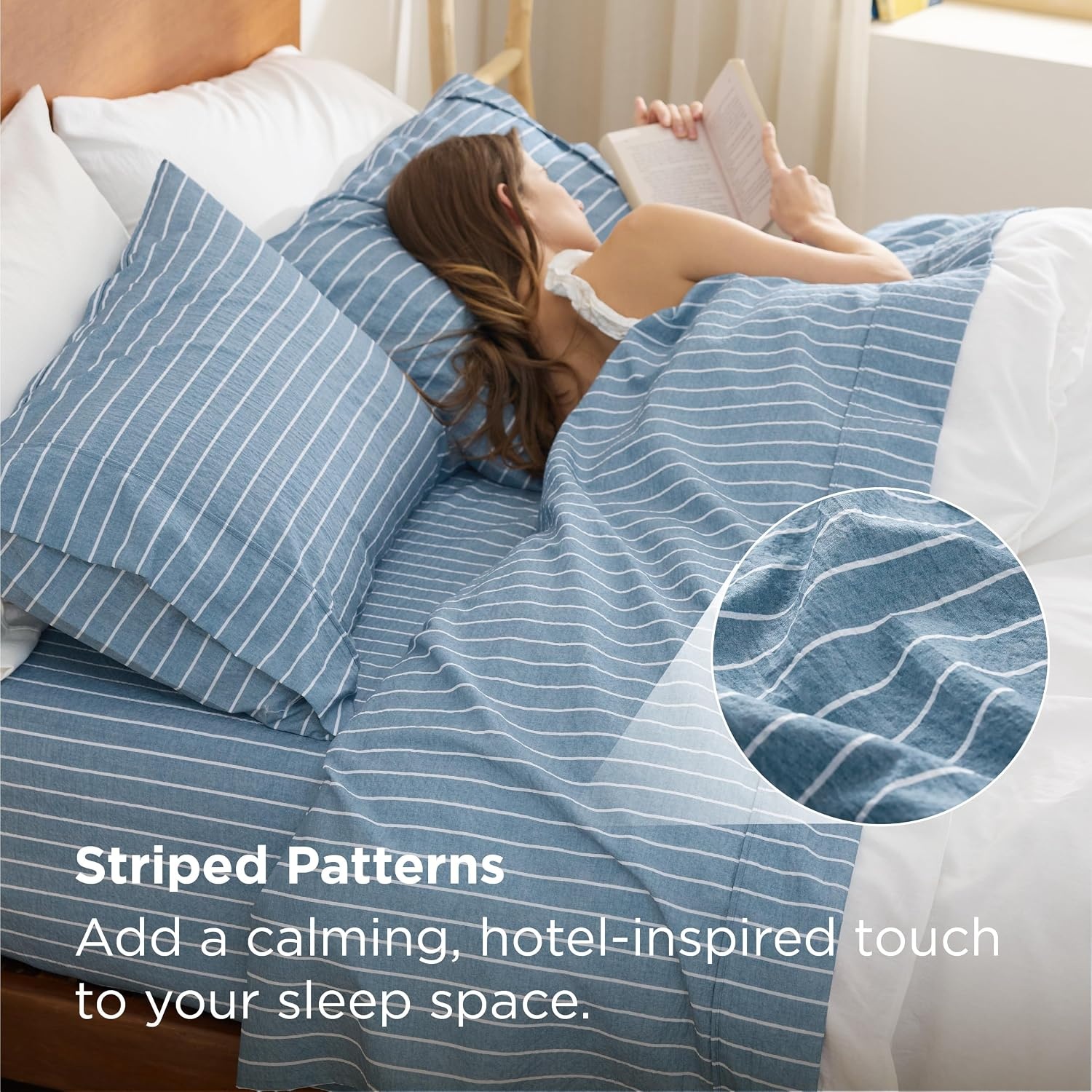 image:imageBedsure Striped Sheets Queen SizeImitation Cotton Fits Up to 16 Mattress Jacquard Dobby Striped Breathable Lightweight and Easy Care Bedsheet amp Pillowcases Gifts for KidsWomenMenDark BlueStriped Dark Blue