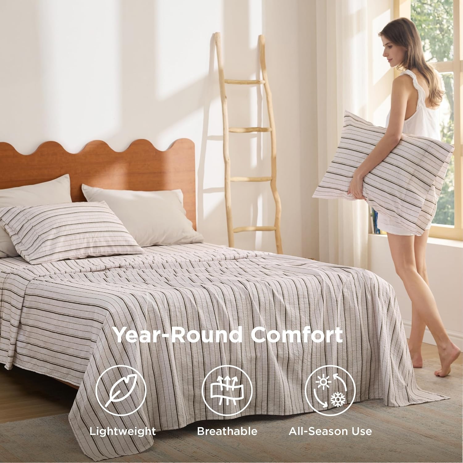 image:imageBedsure Striped Sheets Queen SizeImitation Cotton Fits Up to 16 Mattress Jacquard Dobby Striped Breathable Lightweight and Easy Care Bedsheet amp Pillowcases Gifts for KidsWomenMenDark BlueStriped Beige