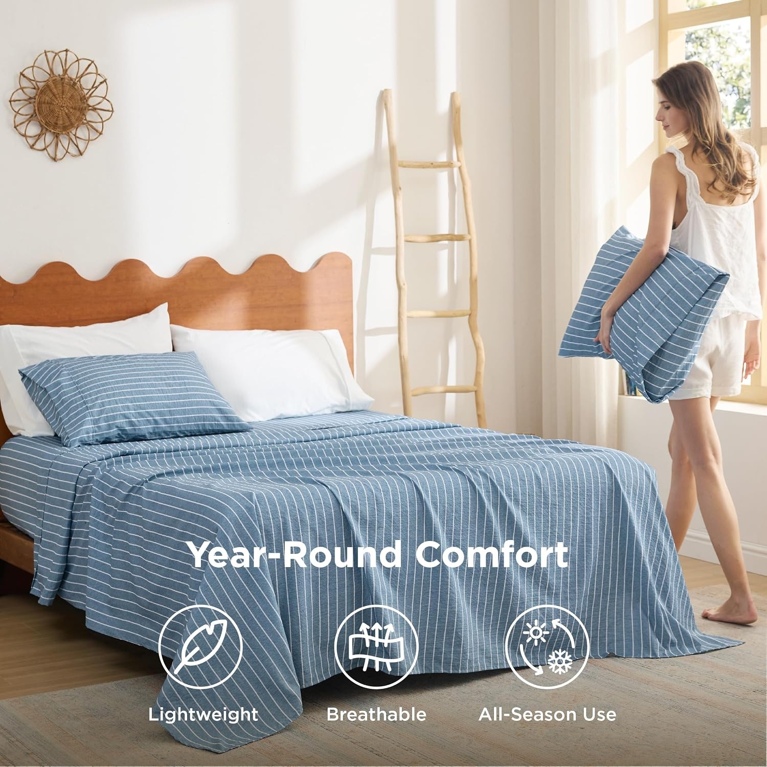 image:imageBedsure Striped Sheets Queen SizeImitation Cotton Fits Up to 16 Mattress Jacquard Dobby Striped Breathable Lightweight and Easy Care Bedsheet amp Pillowcases Gifts for KidsWomenMenDark BlueStriped Dark Blue
