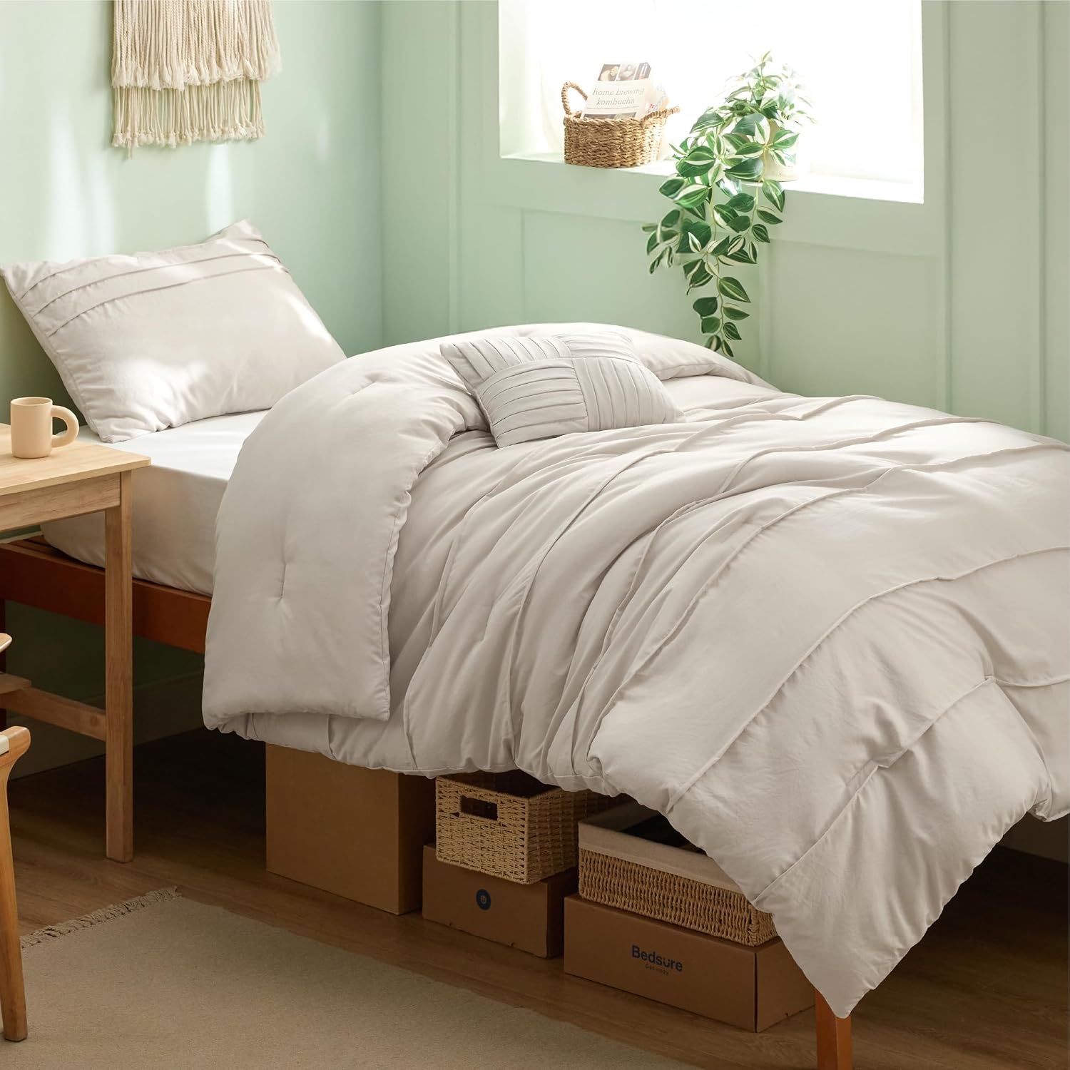 image:imageBedsure Twin XL Comforter Set Natural White Dorm Room Essentials Extra Long Twin XL Bedding Set All Season Down Alternative Comforter with Pillowcase amp Sham01 Beige