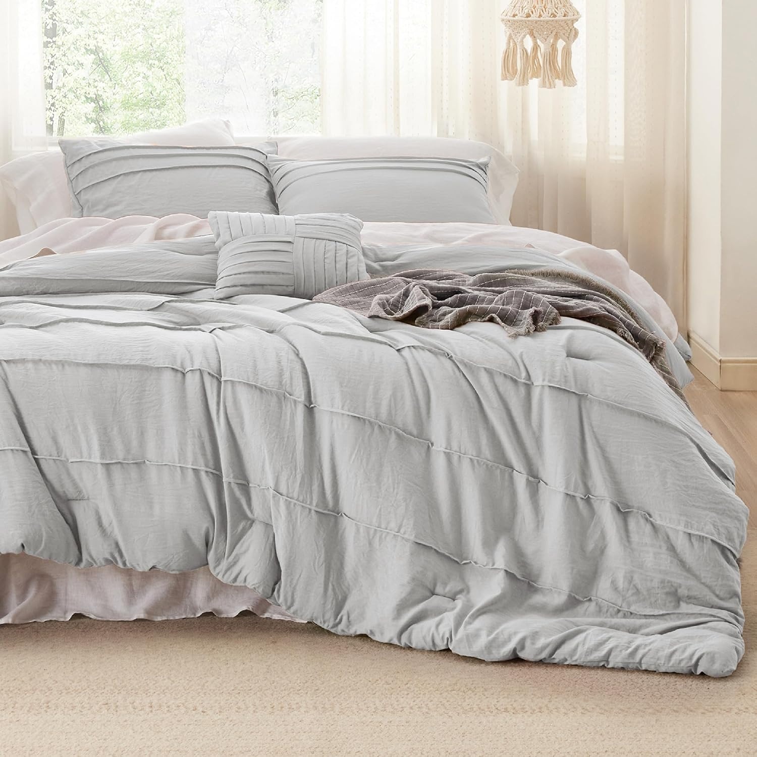 image:imageBedsure Twin XL Comforter Set Natural White Dorm Room Essentials Extra Long Twin XL Bedding Set All Season Down Alternative Comforter with Pillowcase amp ShamLight Grey
