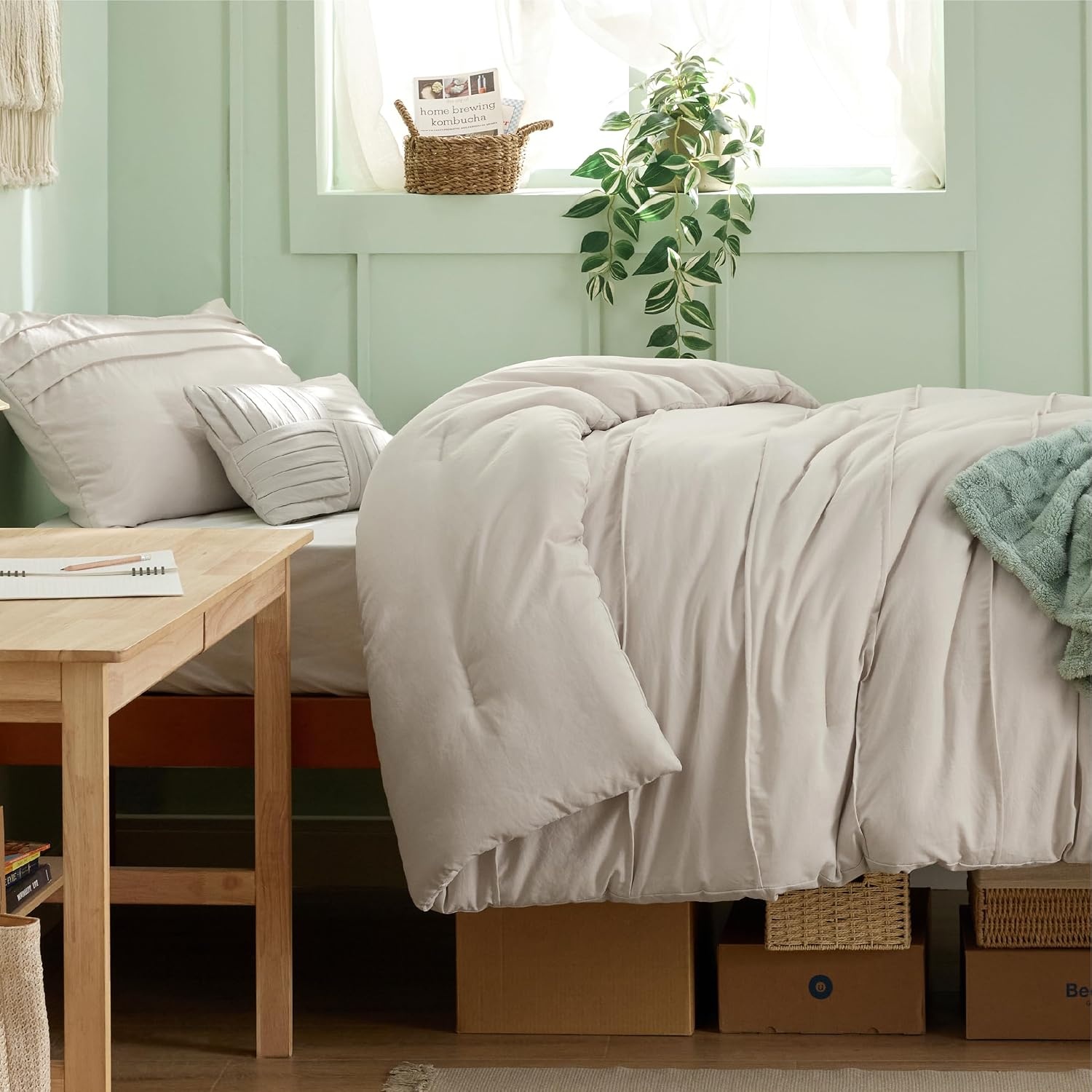 image:imageBedsure Twin XL Comforter Set Natural White Dorm Room Essentials Extra Long Twin XL Bedding Set All Season Down Alternative Comforter with Pillowcase amp Sham01 Beige