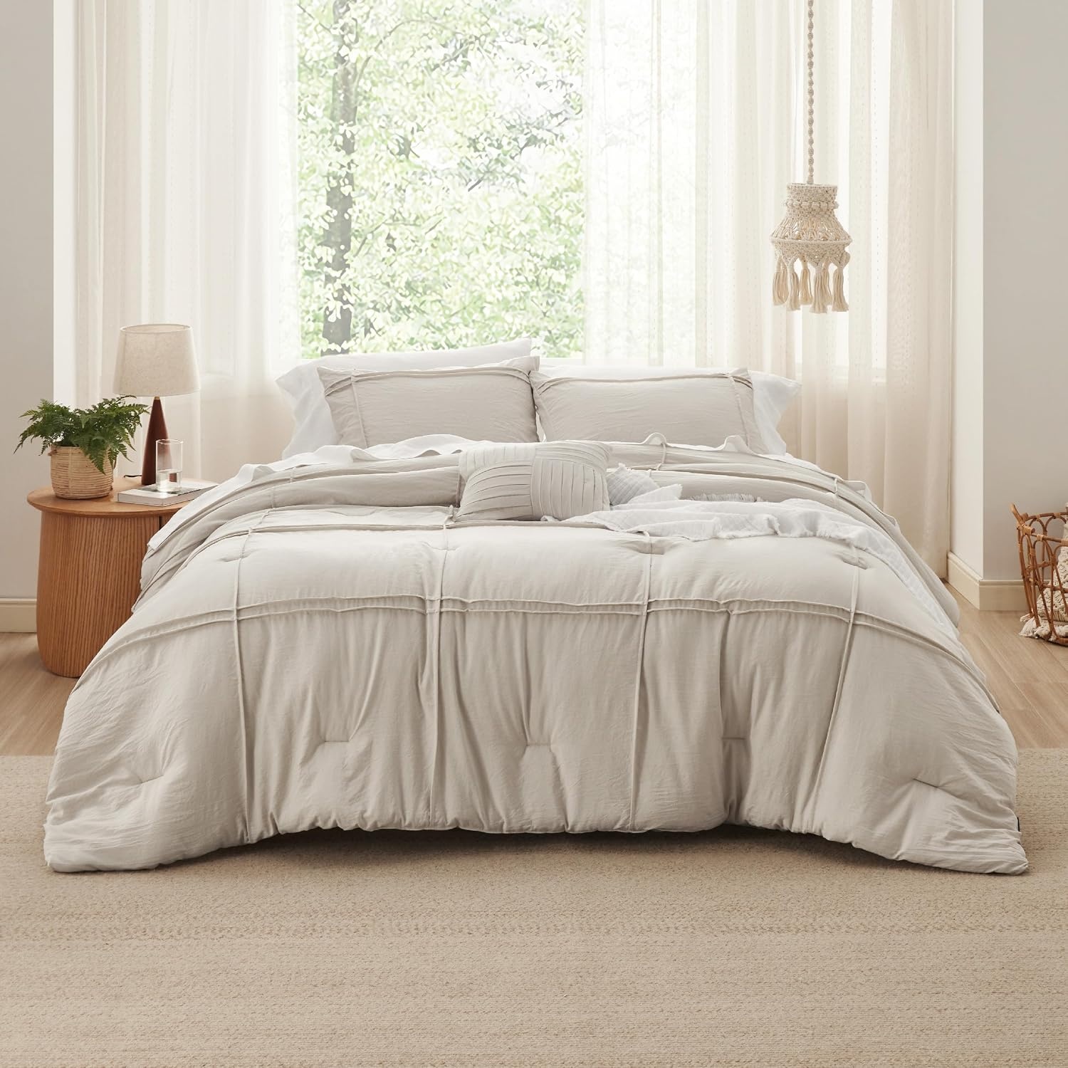 image:imageBedsure Twin XL Comforter Set Natural White Dorm Room Essentials Extra Long Twin XL Bedding Set All Season Down Alternative Comforter with Pillowcase amp Sham17 Grid