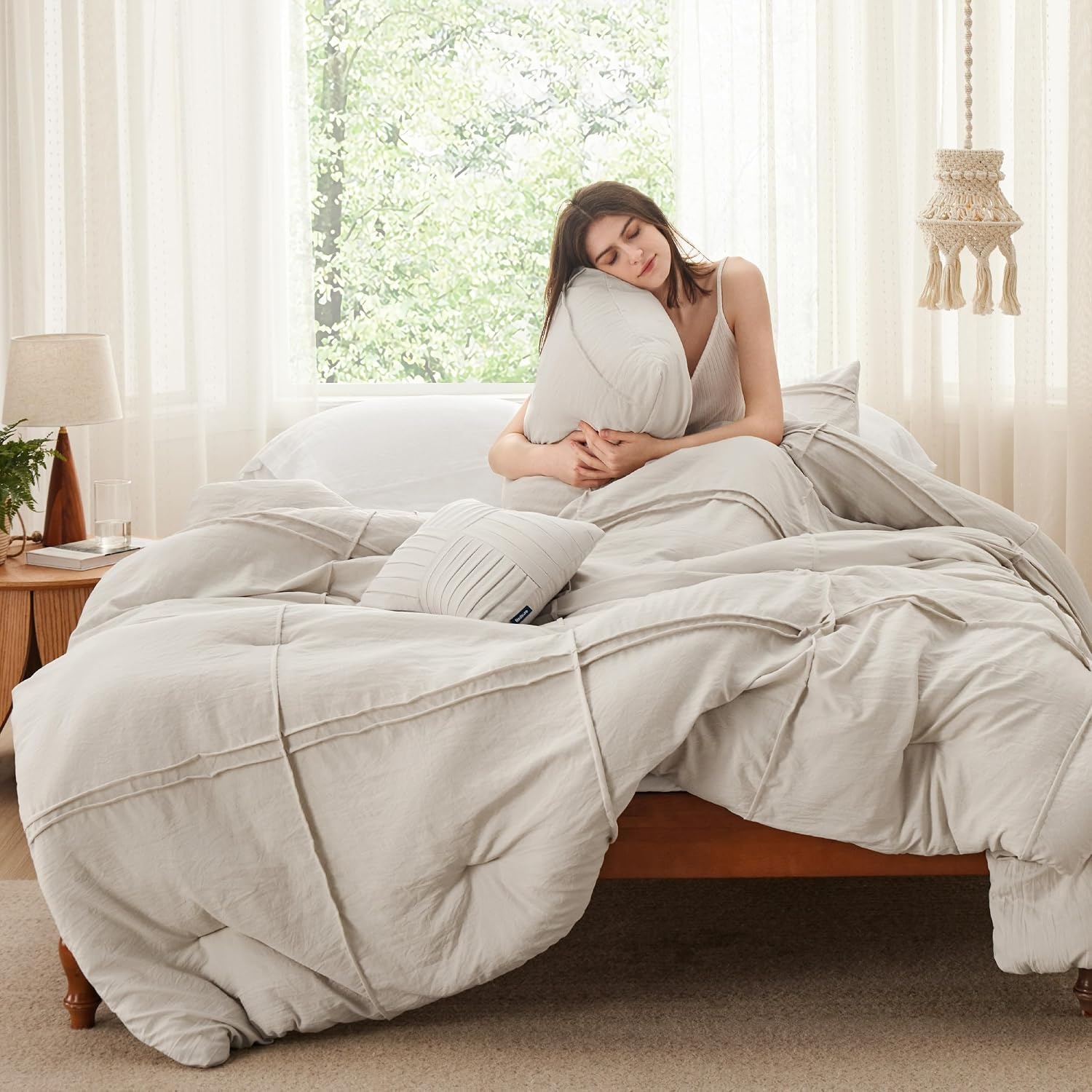 image:imageBedsure Twin XL Comforter Set Natural White Dorm Room Essentials Extra Long Twin XL Bedding Set All Season Down Alternative Comforter with Pillowcase amp Sham17 Grid