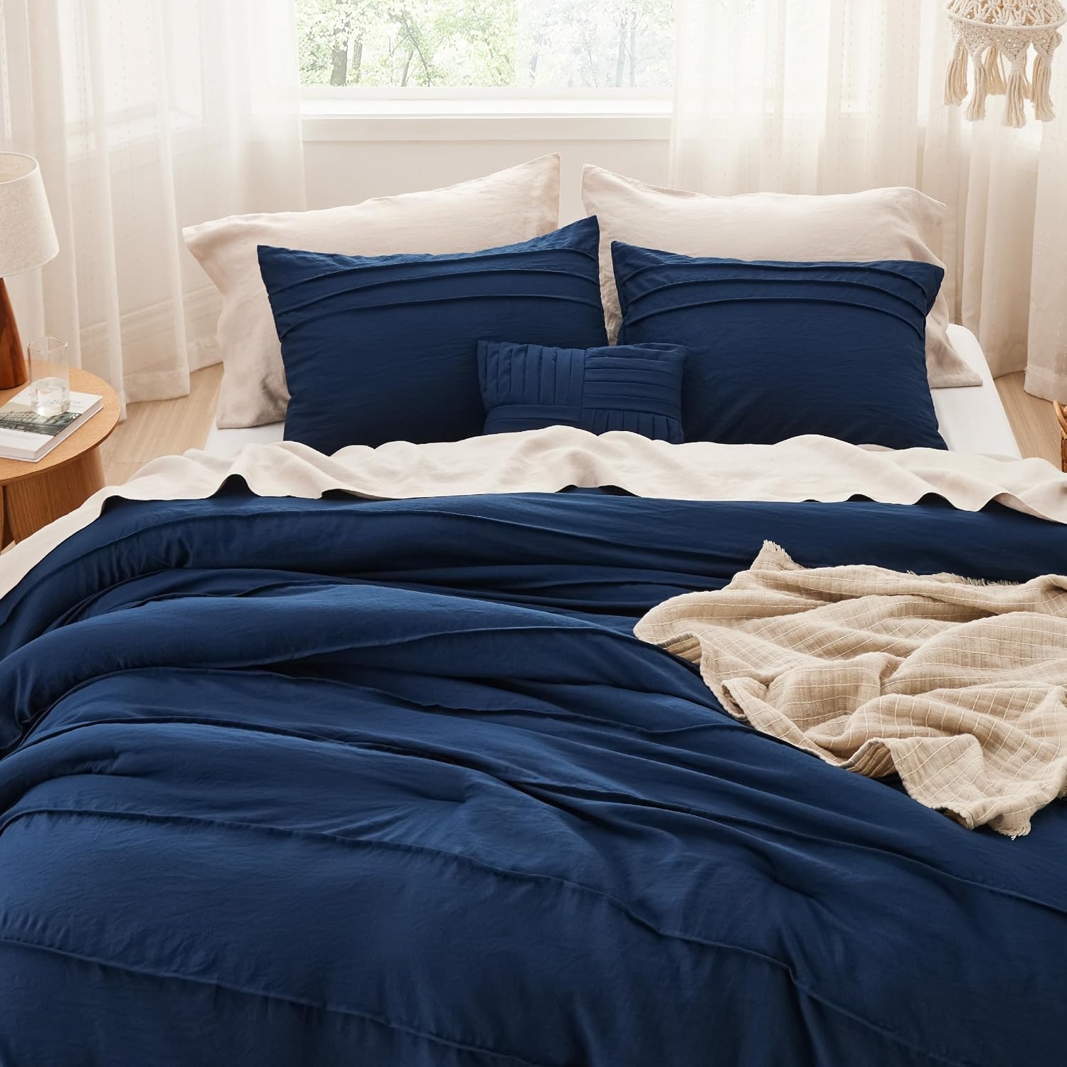 image:imageBedsure Twin XL Comforter Set Natural White Dorm Room Essentials Extra Long Twin XL Bedding Set All Season Down Alternative Comforter with Pillowcase amp Sham01 Navy