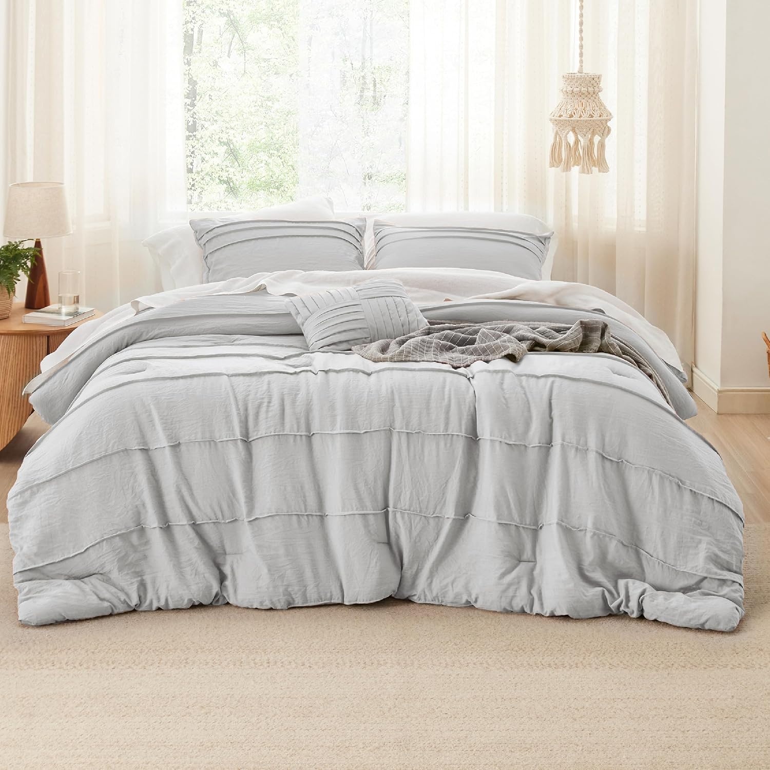 image:imageBedsure Twin XL Comforter Set Natural White Dorm Room Essentials Extra Long Twin XL Bedding Set All Season Down Alternative Comforter with Pillowcase amp ShamLight Grey