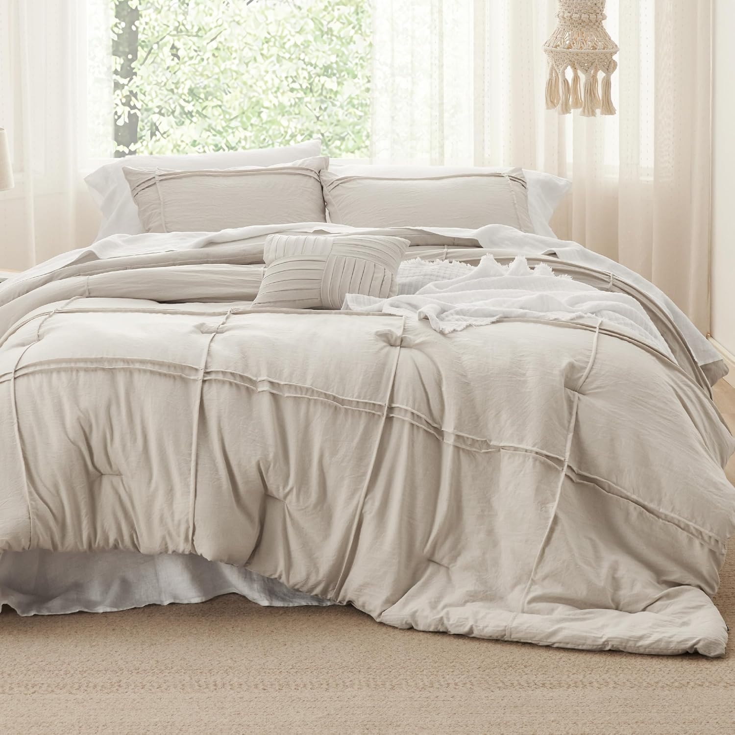 image:imageBedsure Twin XL Comforter Set Natural White Dorm Room Essentials Extra Long Twin XL Bedding Set All Season Down Alternative Comforter with Pillowcase amp Sham17 Grid