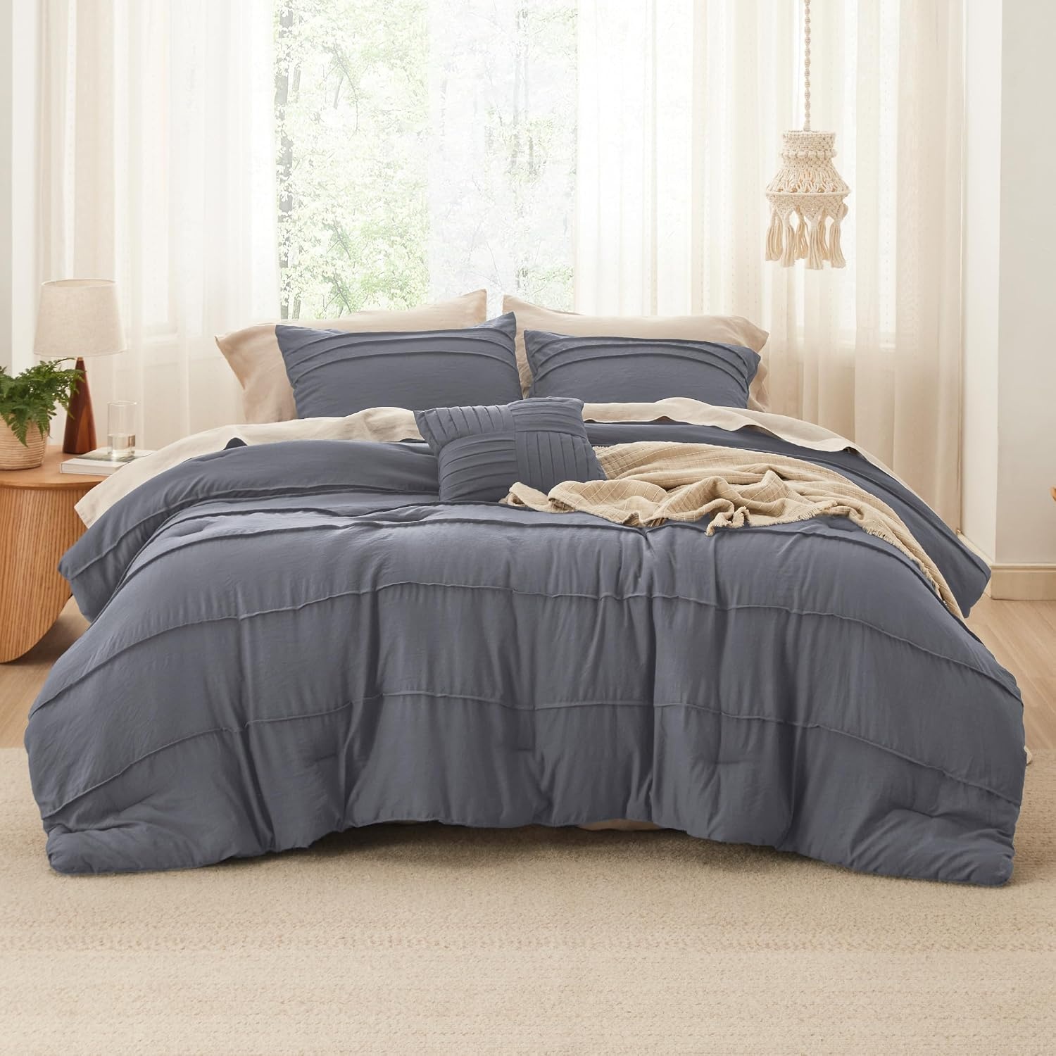 image:imageBedsure Twin XL Comforter Set Natural White Dorm Room Essentials Extra Long Twin XL Bedding Set All Season Down Alternative Comforter with Pillowcase amp Sham13 Dark Grey