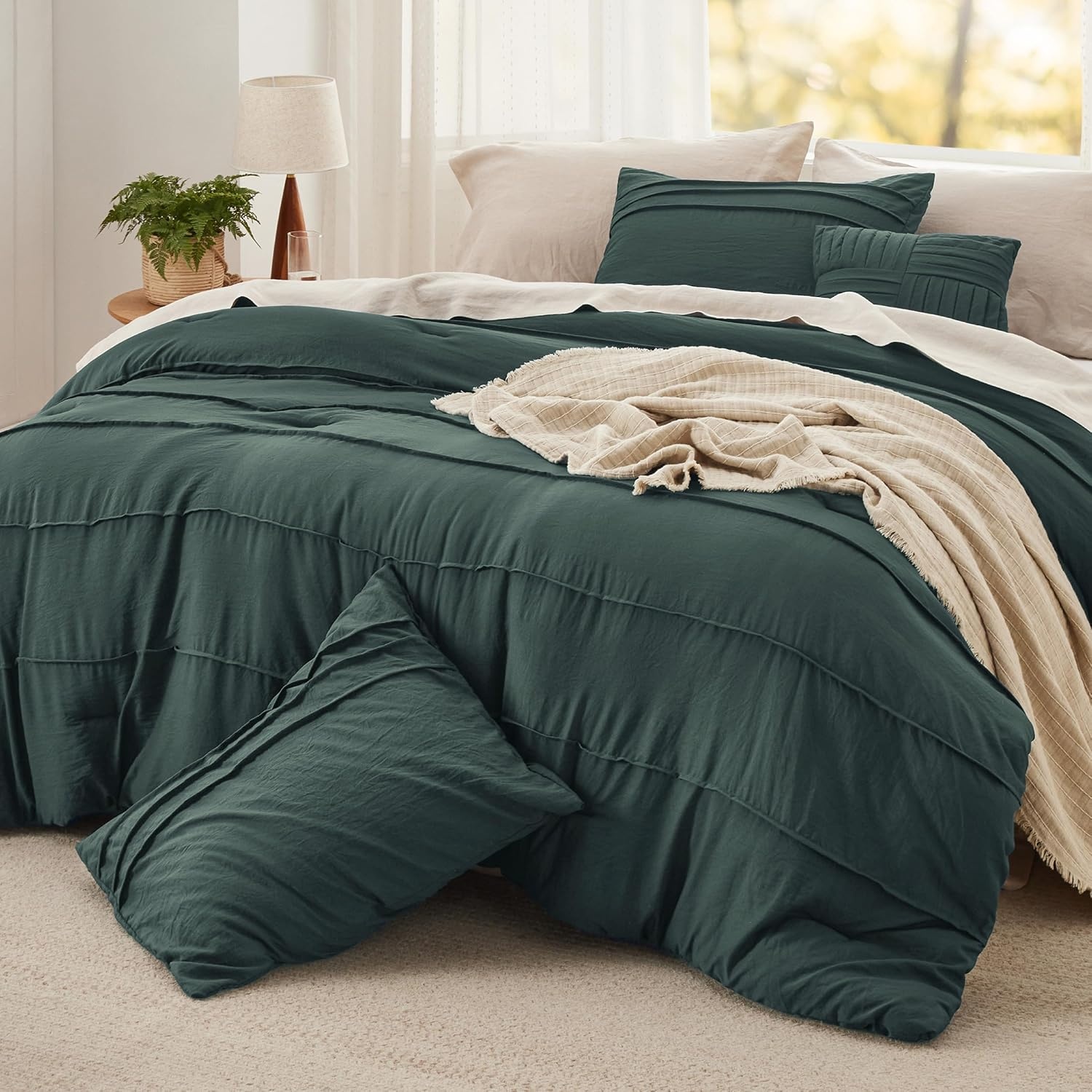 image:imageBedsure Twin XL Comforter Set Natural White Dorm Room Essentials Extra Long Twin XL Bedding Set All Season Down Alternative Comforter with Pillowcase amp Sham20 Emerald Green