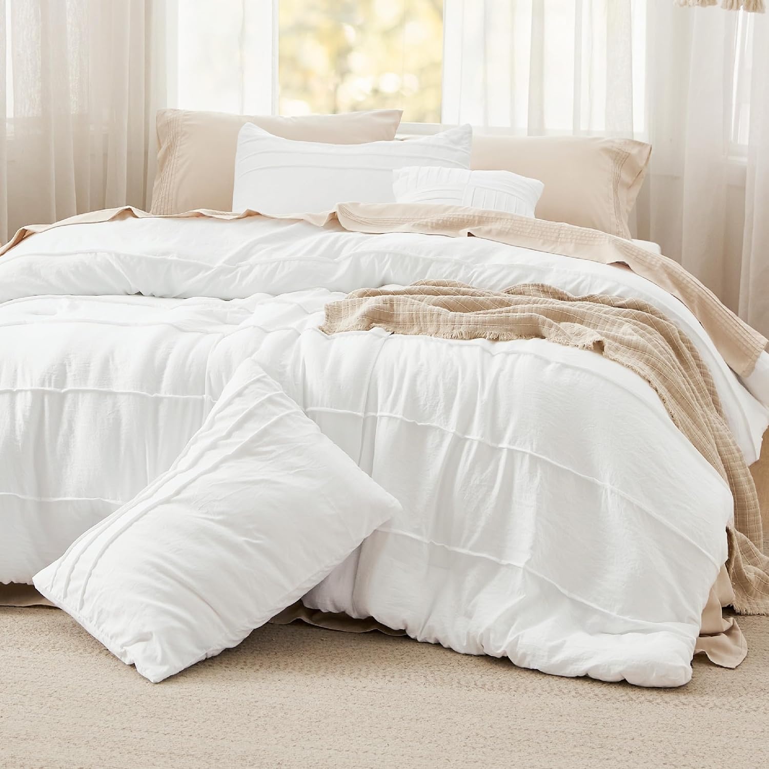image:imageBedsure Twin XL Comforter Set Natural White Dorm Room Essentials Extra Long Twin XL Bedding Set All Season Down Alternative Comforter with Pillowcase amp Sham01 Natural White